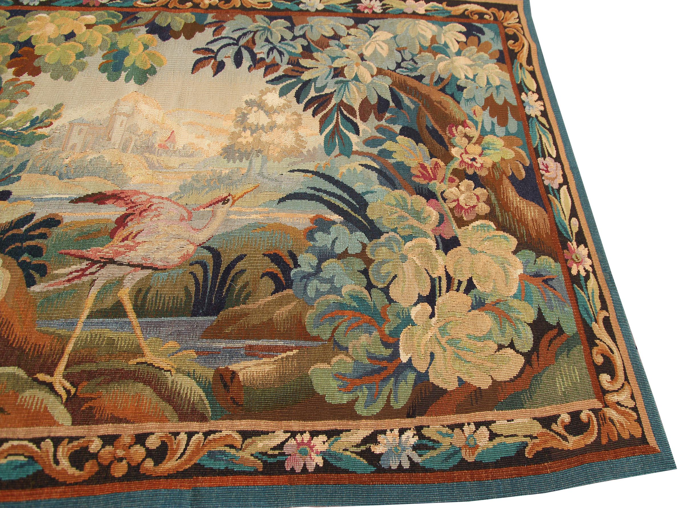 Antique French Wandteppich Verdure Vogel 110cmx163cm Grün 4x6 C.1900 im Zustand „Gut“ im Angebot in New York, NY