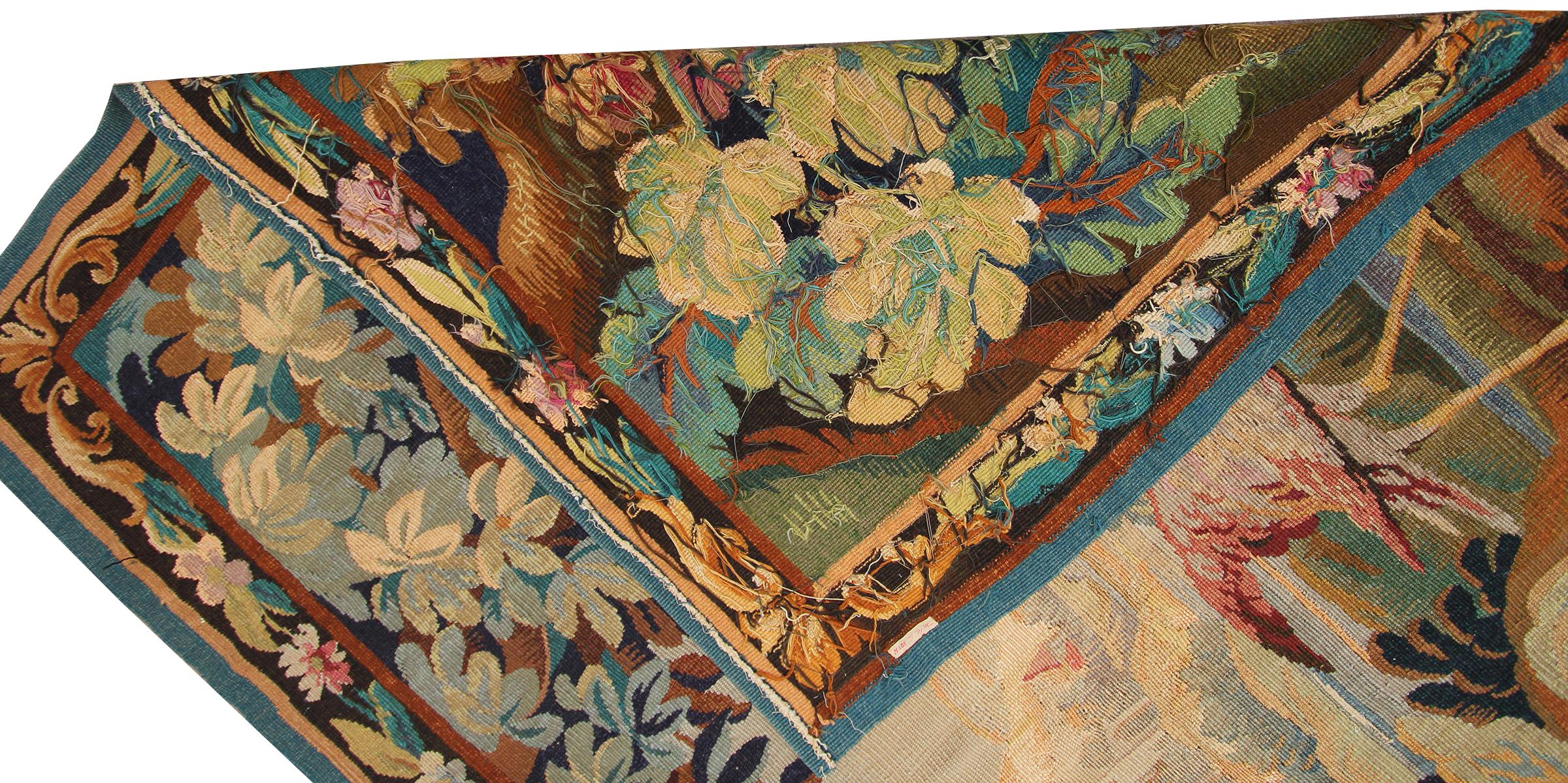 Antique French Wandteppich Verdure Vogel 110cmx163cm Grün 4x6 C.1900 (Frühes 20. Jahrhundert) im Angebot