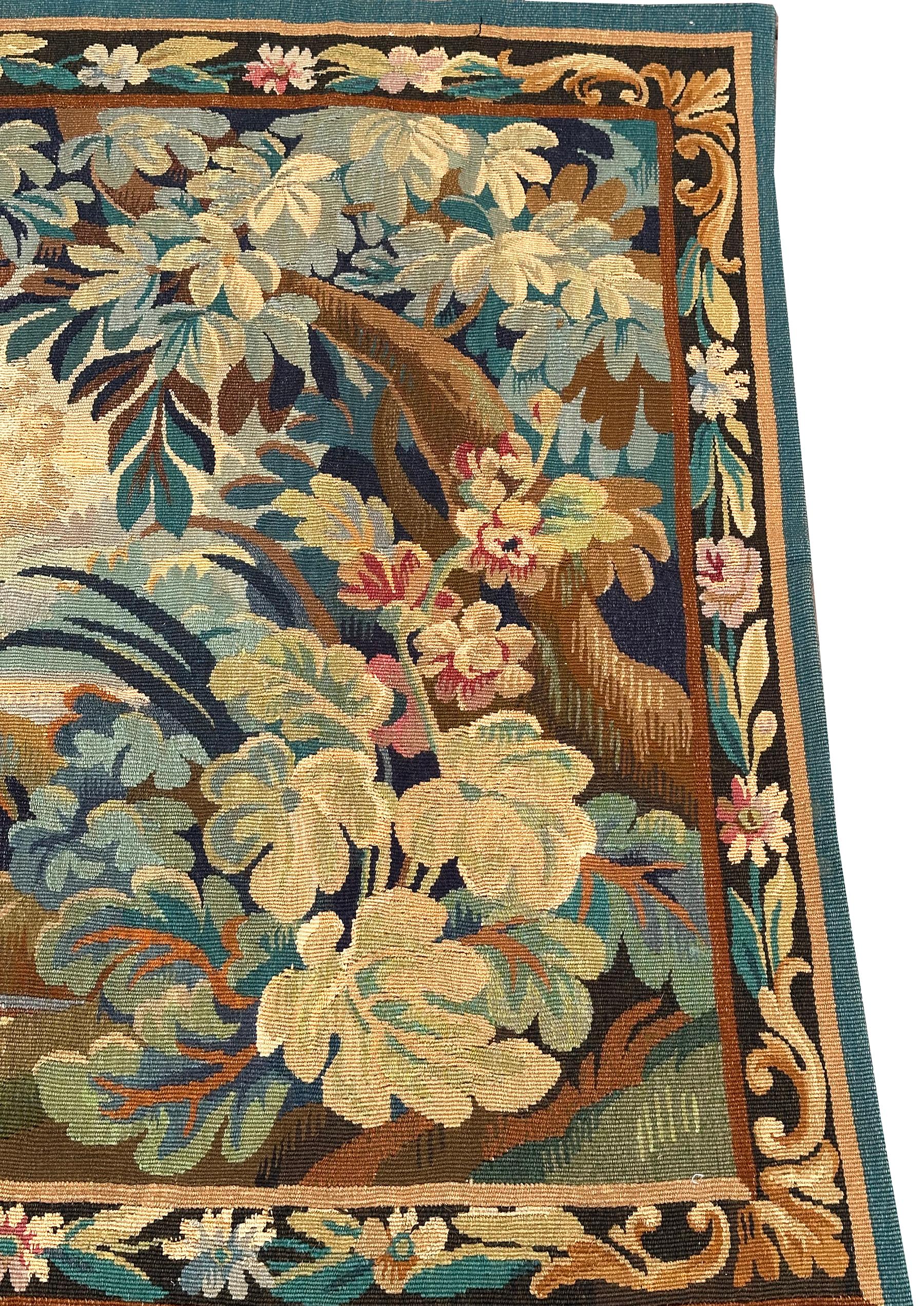Antique French Wandteppich Verdure Vogel 110cmx163cm Grün 4x6 C.1900 im Angebot 2