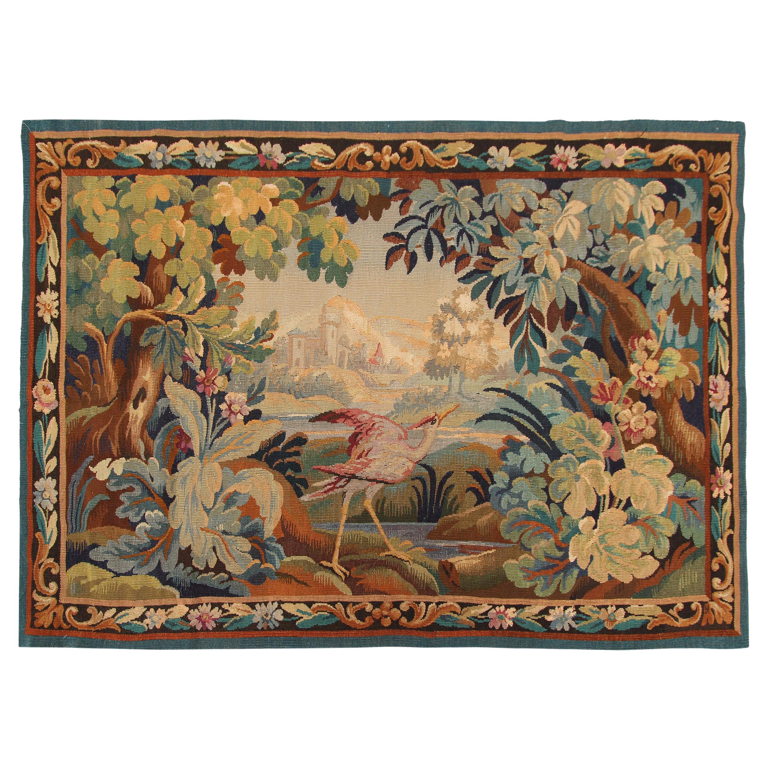 Antique French Wandteppich Verdure Vogel 110cmx163cm Grün 4x6 C.1900