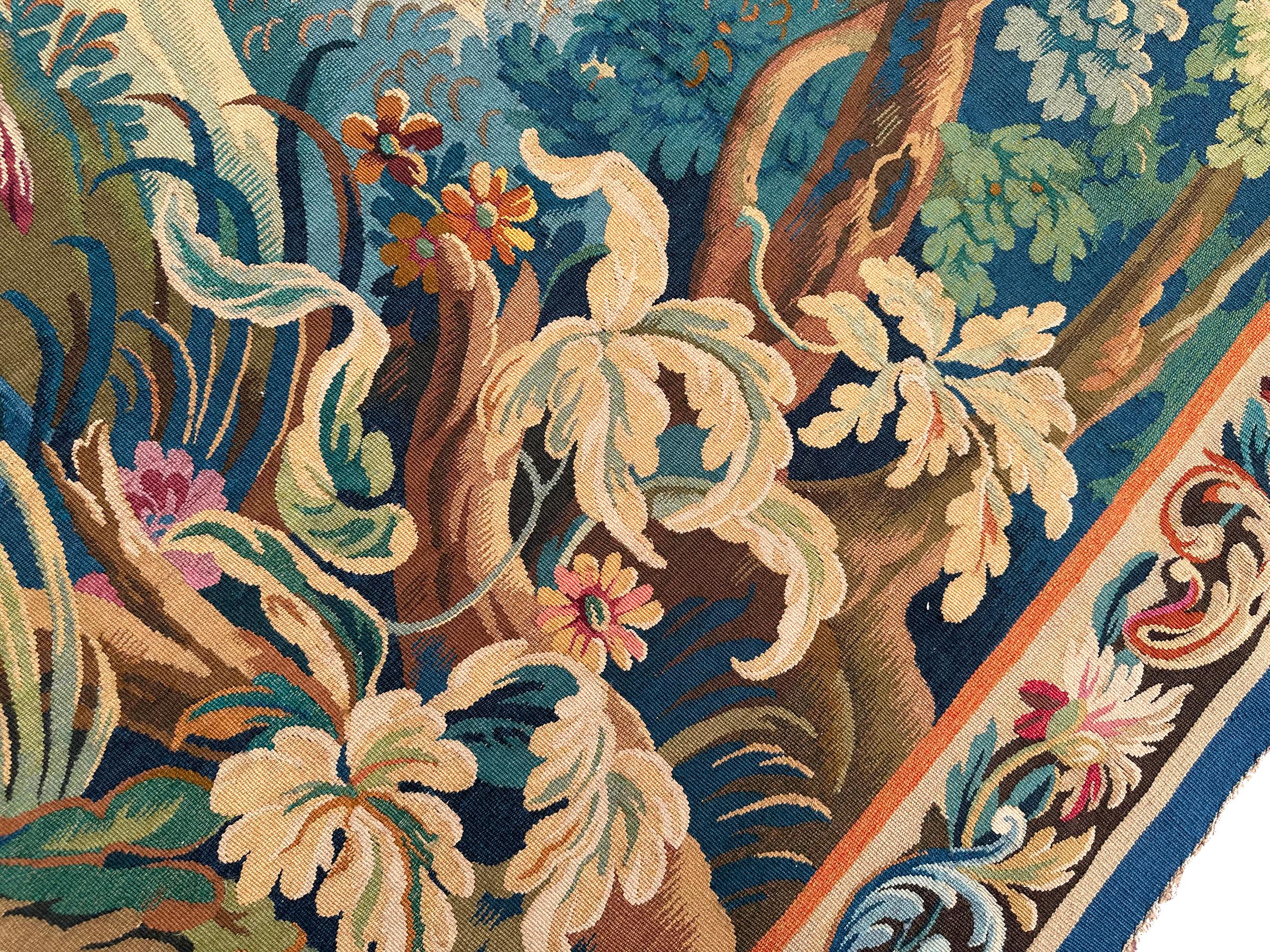 Antique French Tapestry Verdure Birds Wool & Silk 1920 6x7 4