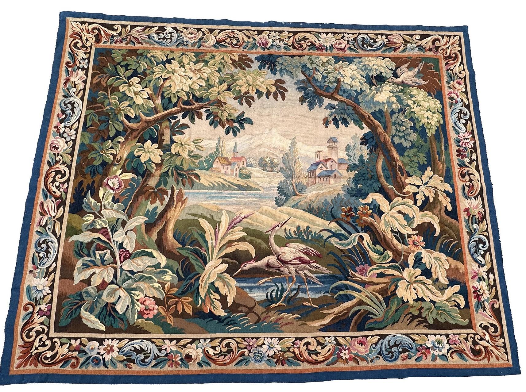 Antique French Tapestry Verdure Birds Wool & Silk 1920 6x7

6' x 7'3