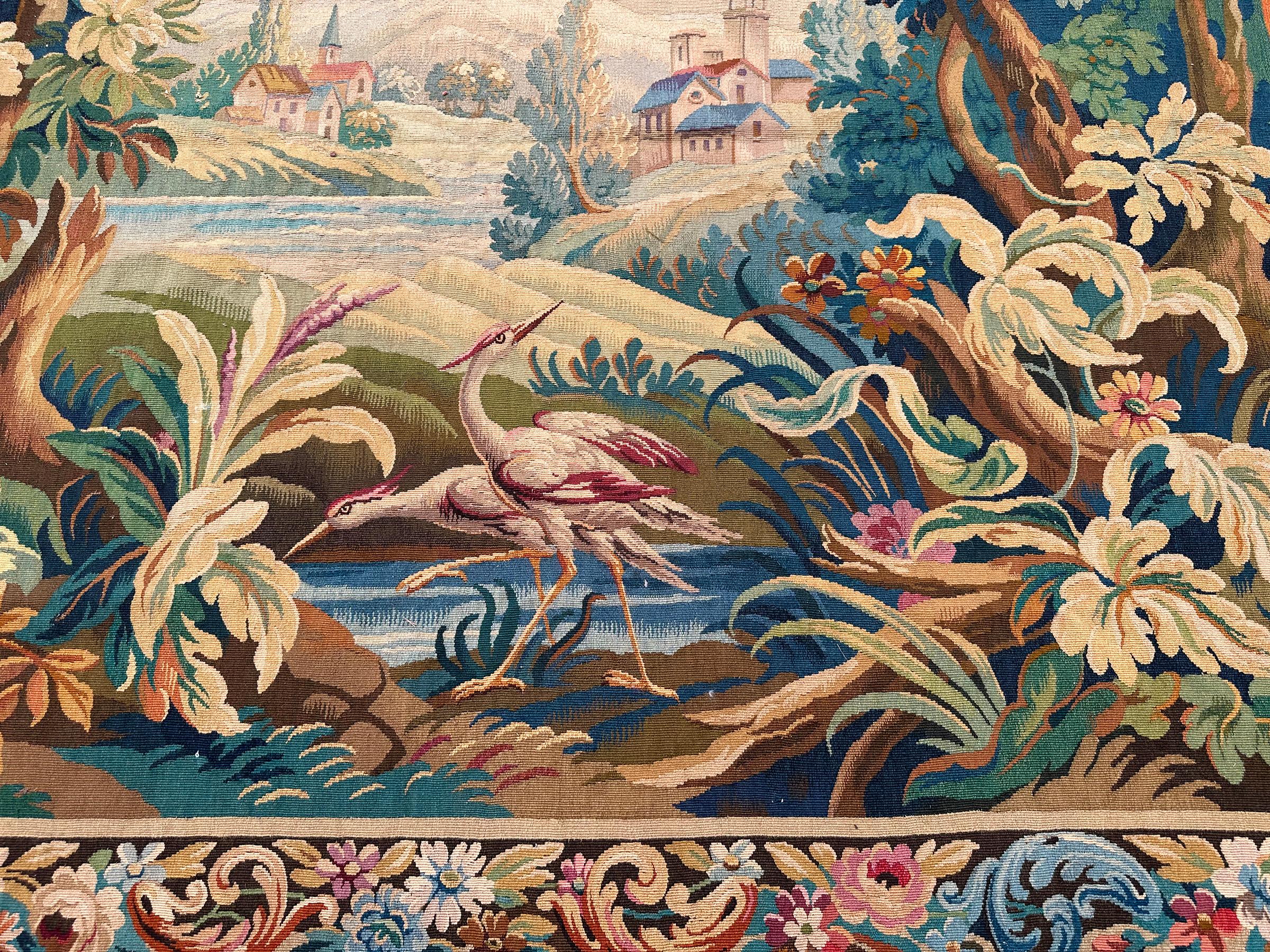 Baroque Antique French Tapestry Verdure Birds Wool & Silk 1920 6x7