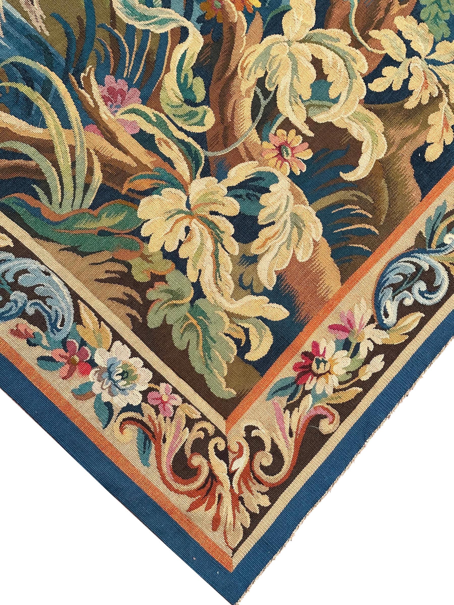 Hand-Woven Antique French Tapestry Verdure Birds Wool & Silk 1920 6x7