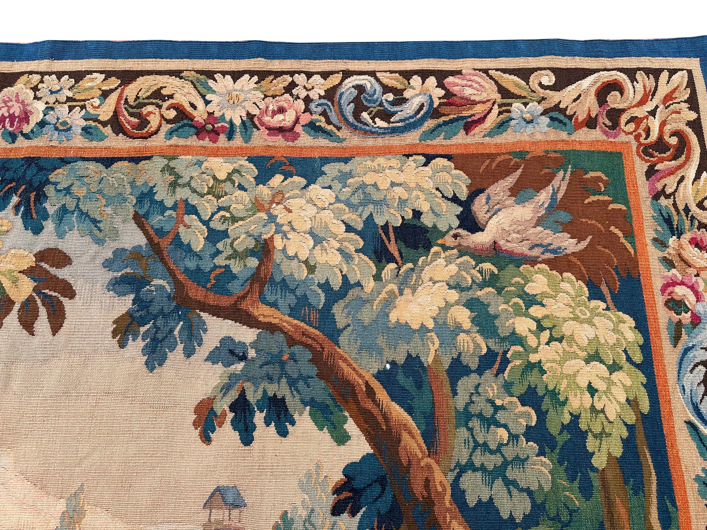 Antique French Tapestry Verdure Birds Wool & Silk 1920 6x7 1