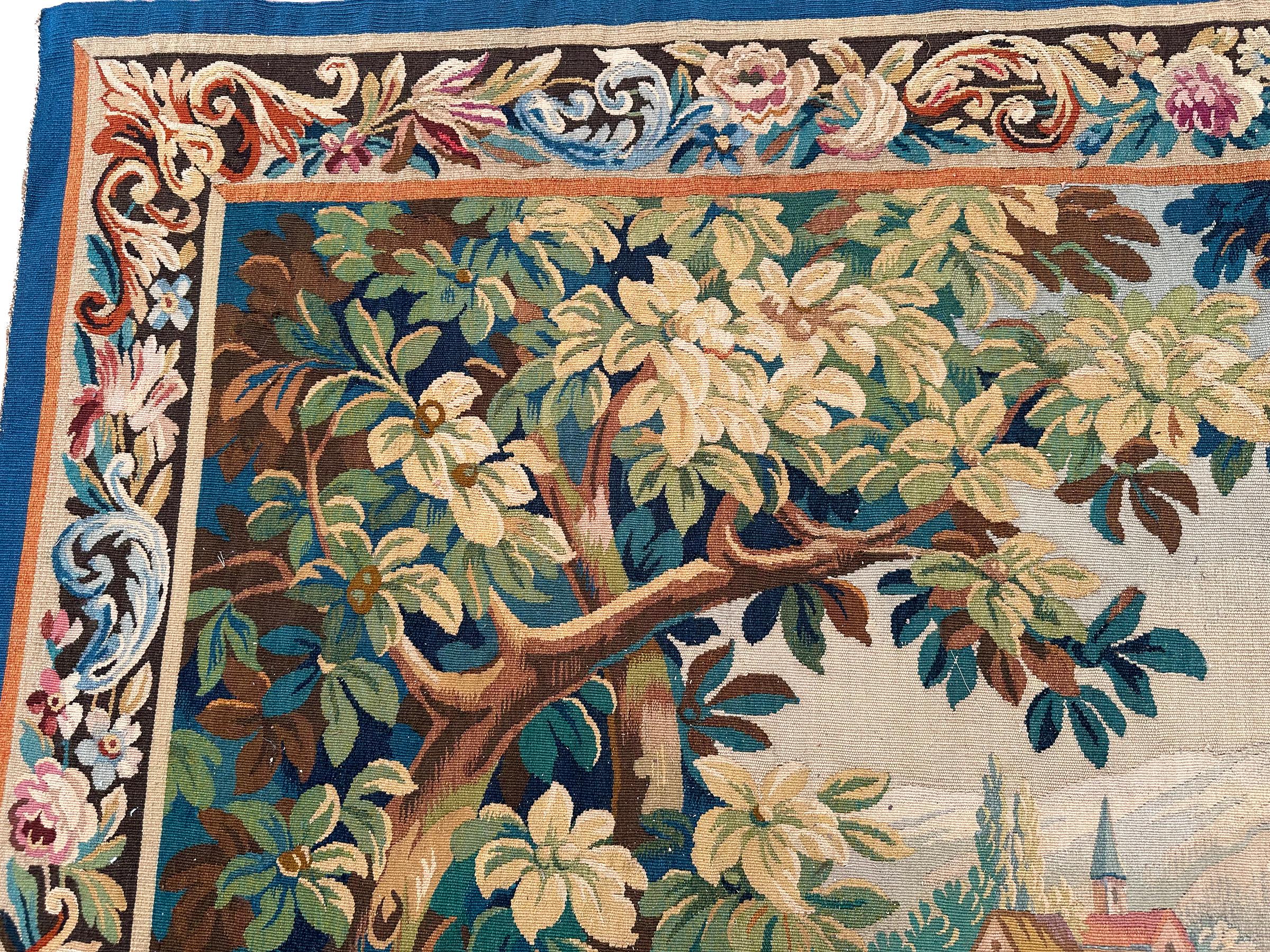 Antique French Tapestry Verdure Birds Wool & Silk 1920 6x7 2