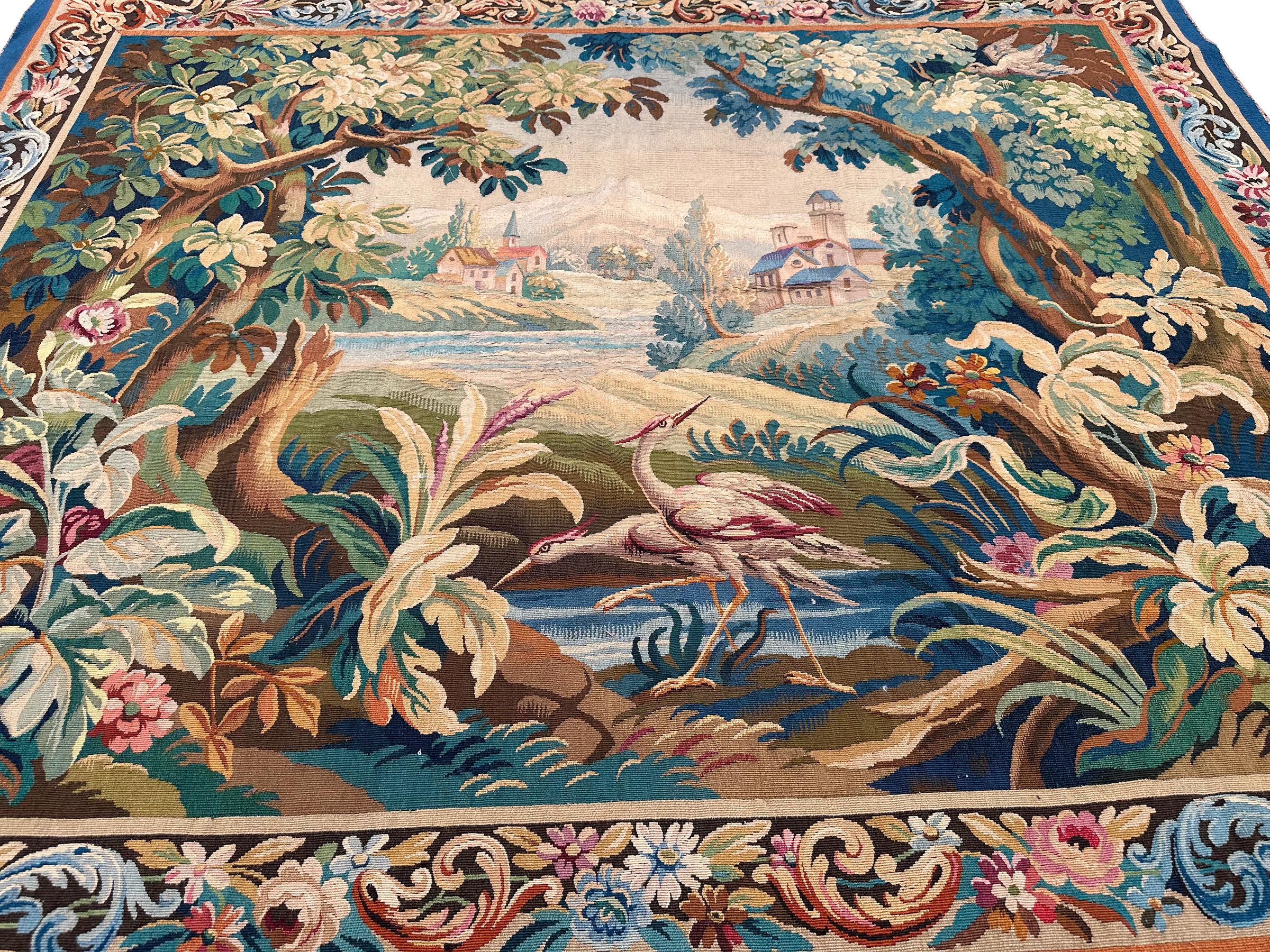 Antique French Tapestry Verdure Birds Wool & Silk 1920 6x7 3