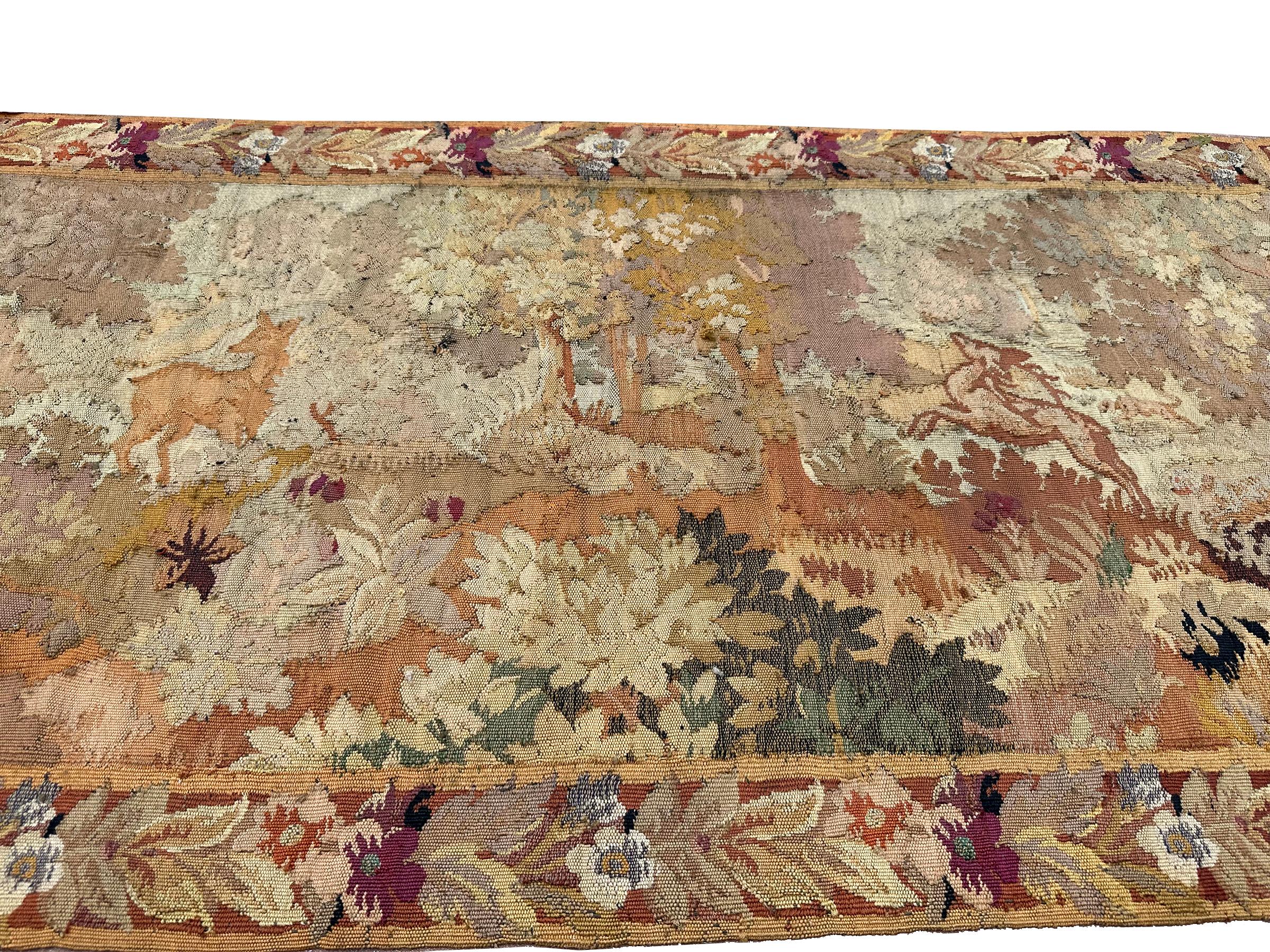 Early 20th Century Antique French Tapestry Verdure Deer 3x6 Wool Foundation 92 x 172cm For Sale