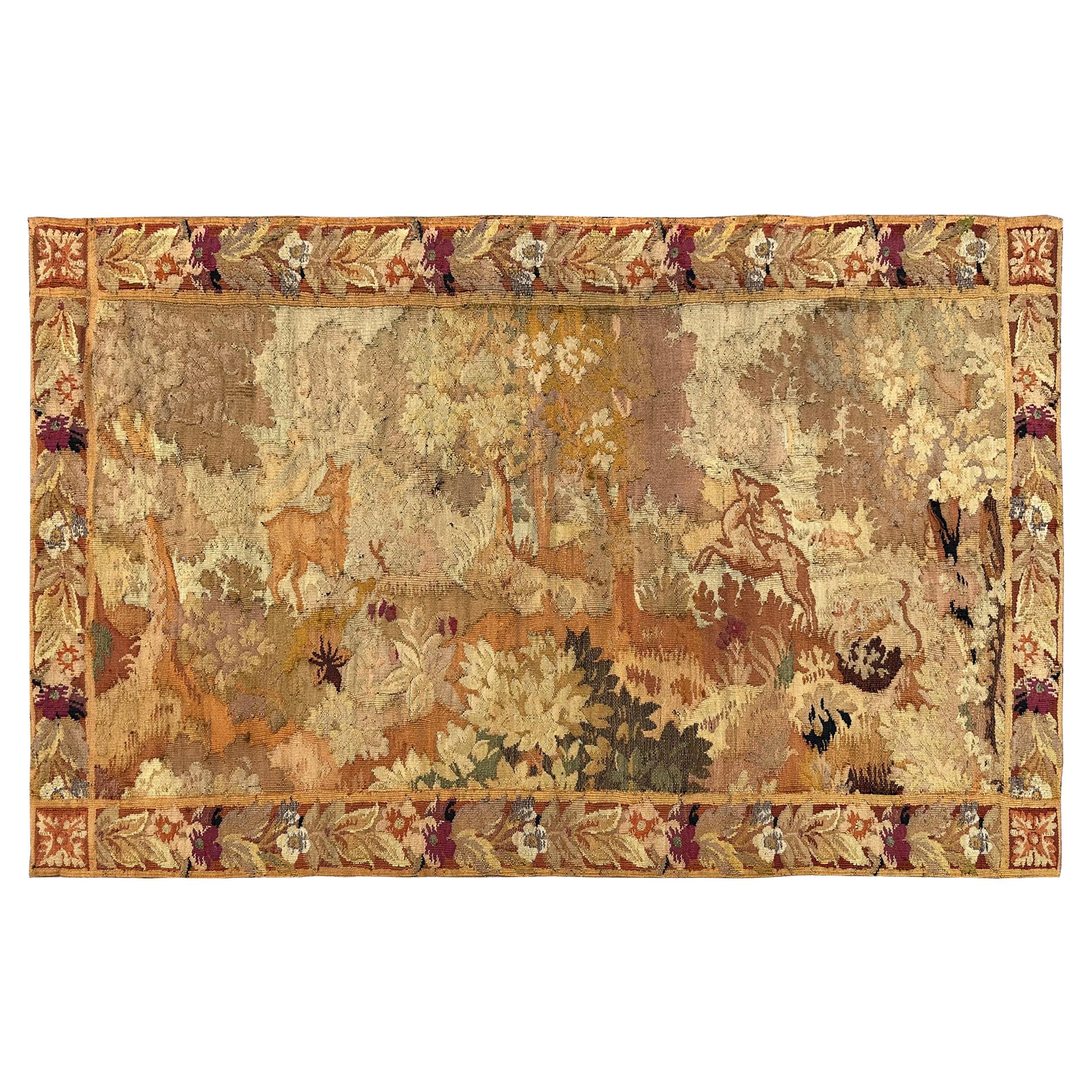 Antique French Tapestry Verdure Deer 3x6 Wool Foundation 92 x 172cm For Sale