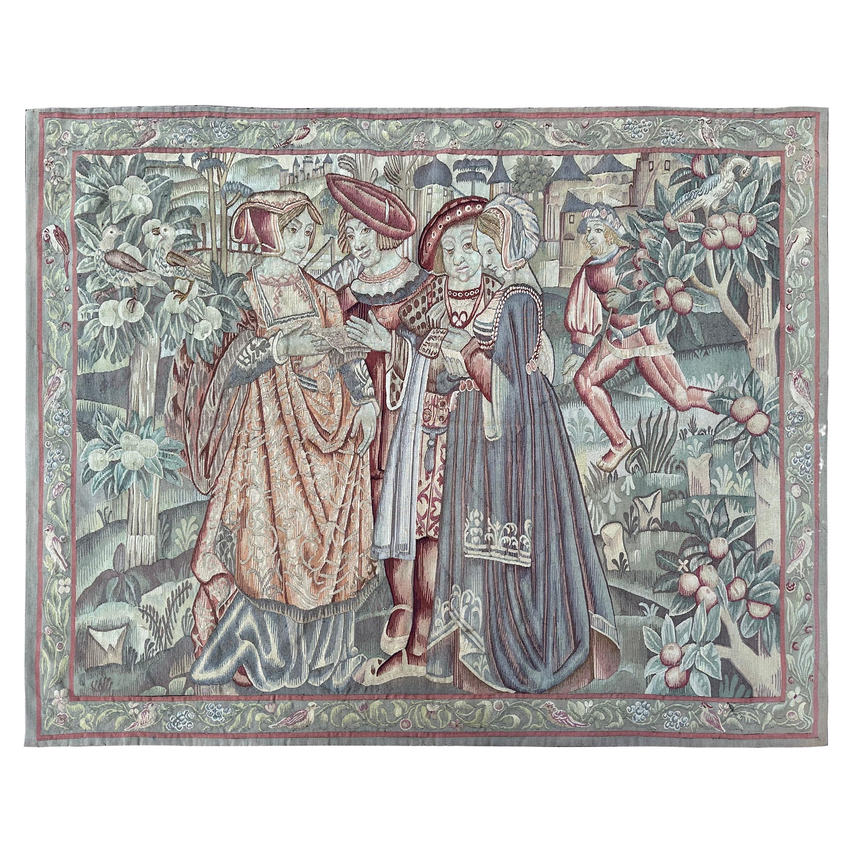 Antique French Tapestry Verdure Fruits Noblemen 1890 Wool & Silk 6x7 183 x 206cm For Sale