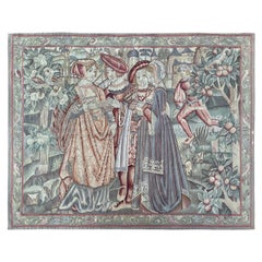 Antique French Tapestry Verdure Fruits Noblemen 1890 Wool & Silk 6x7 183 x 206cm