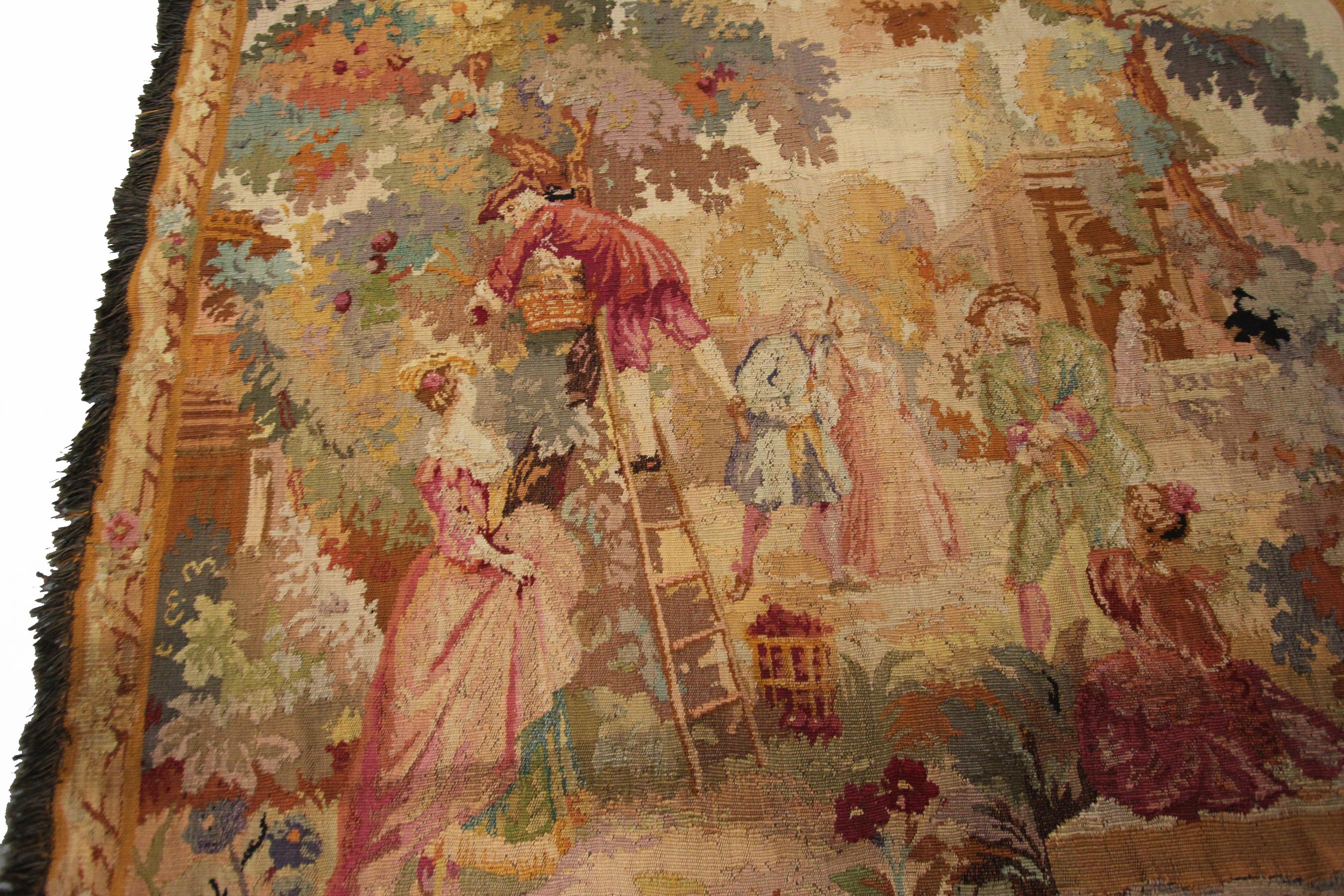 Antique French Tapestry Verdure Noblemen Gathering Fruit Tree 5x5 135cm x 140cm In Good Condition For Sale In New York, NY