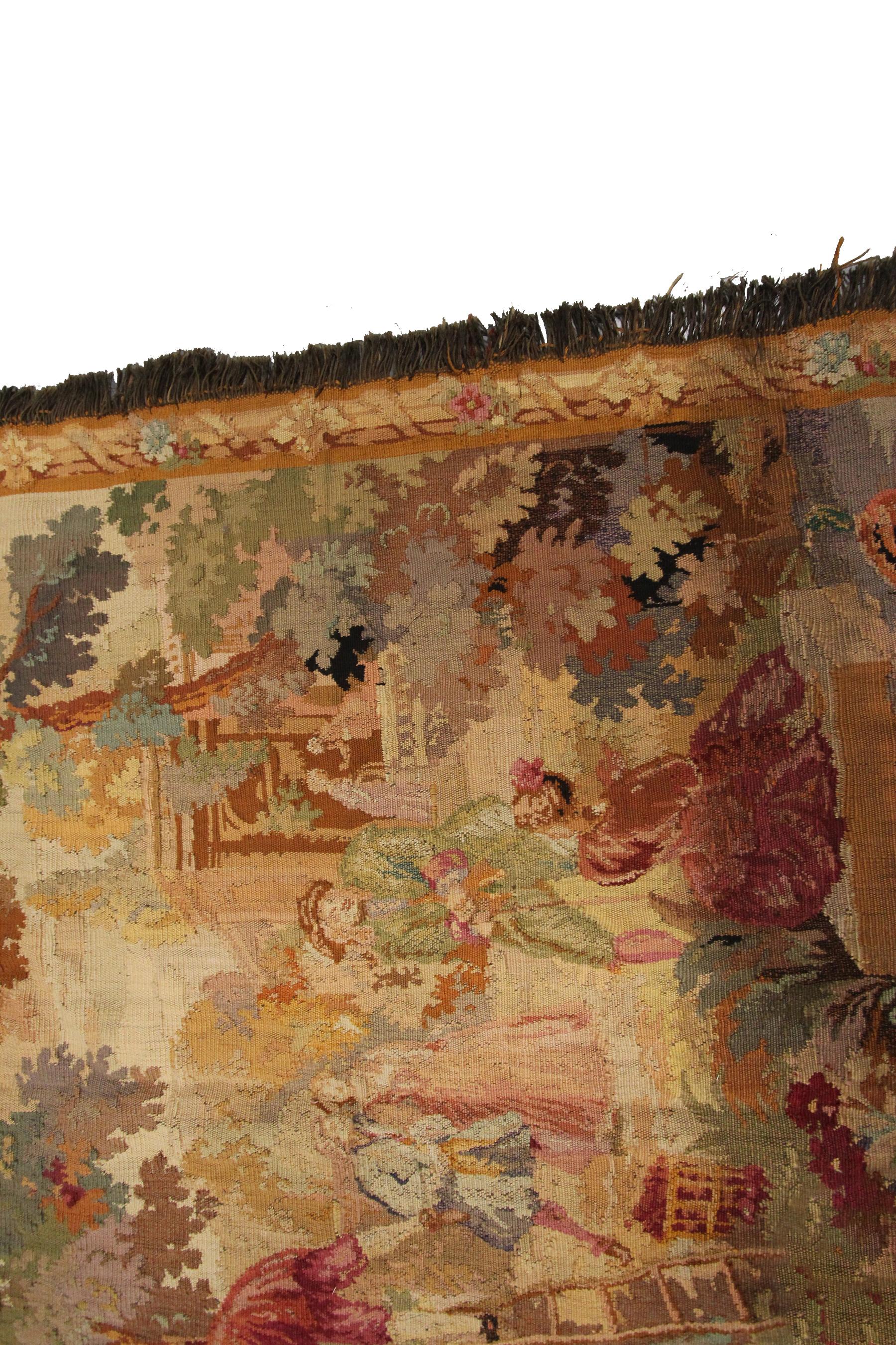 Antique French Tapestry Verdure Noblemen Gathering Fruit Tree 5x5 135cm x 140cm For Sale 1