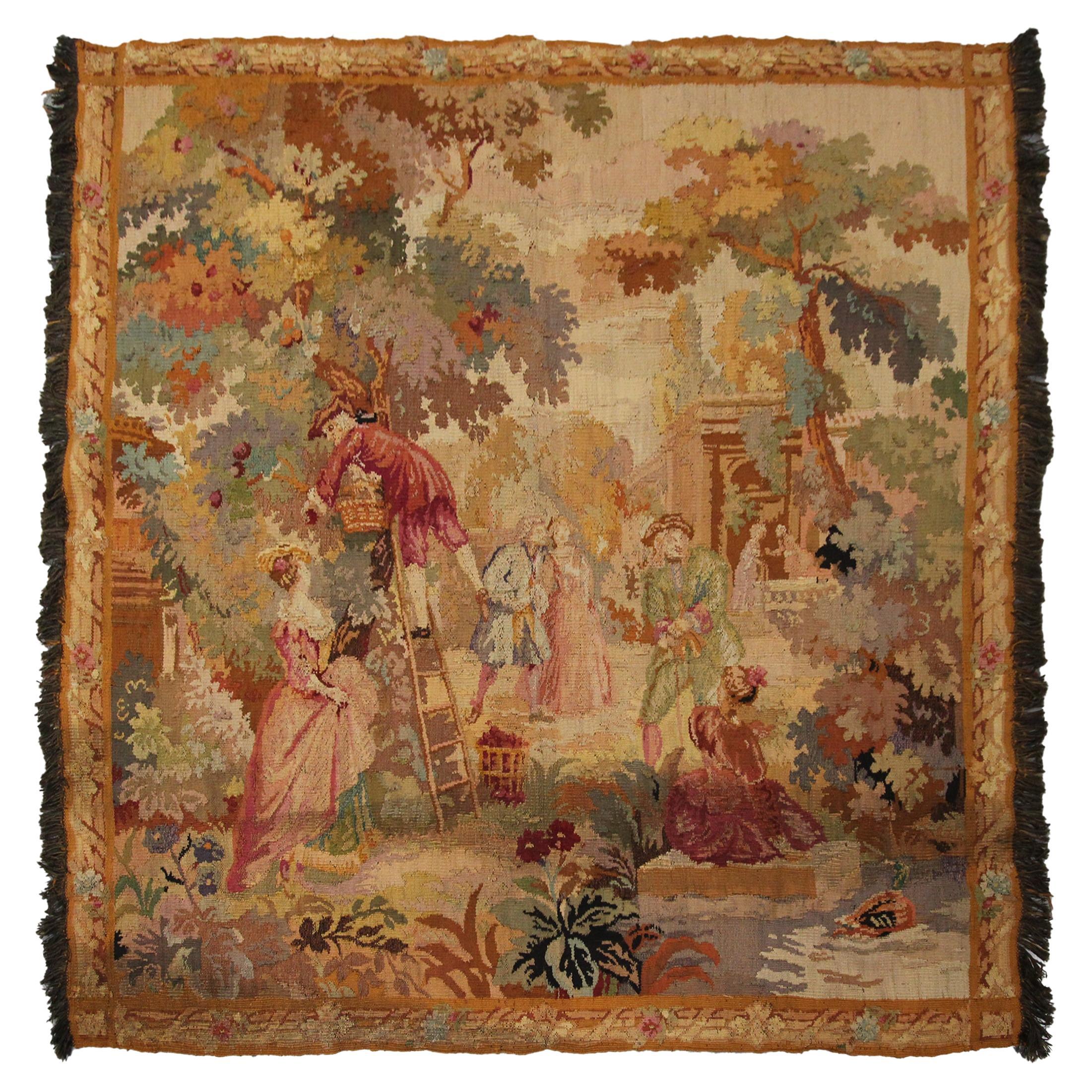 Antique French Tapestry Verdure Noblemen Gathering Fruit Tree 5x5 135cm x 140cm For Sale