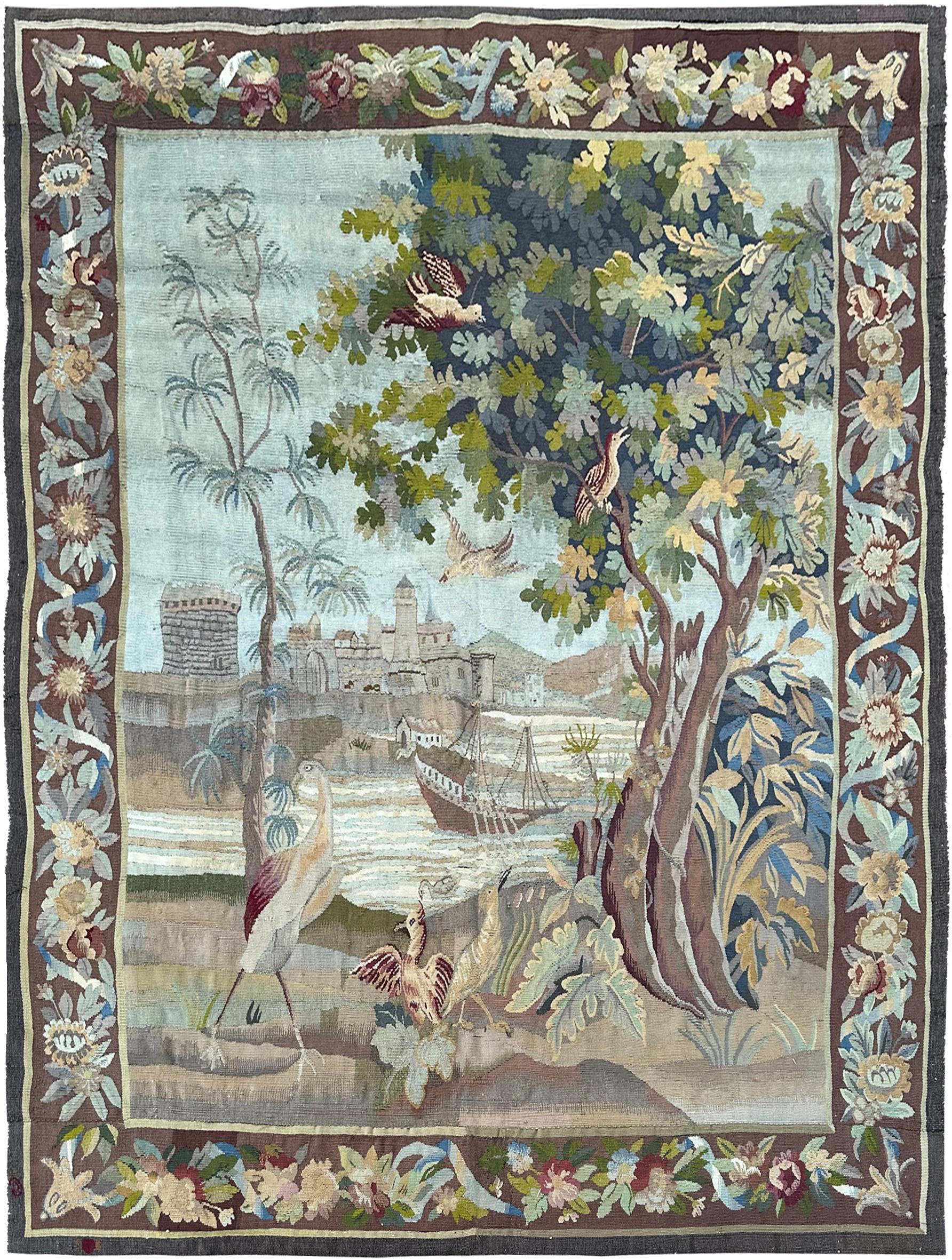 Antique French Tapestry Verdure Signed 1880 Wool & Silk 5x7 153cm x 201cm

A magnificent antique French tapestry depicting a castle amongst a river, verdure, and exotic birds. Beautiful colorway, and an easy, chic addition to any space.