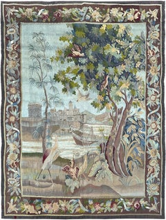 Tapisserie française ancienne Verdure signée 1880 Laine et soie 5x7 153 cm x 201 cm
