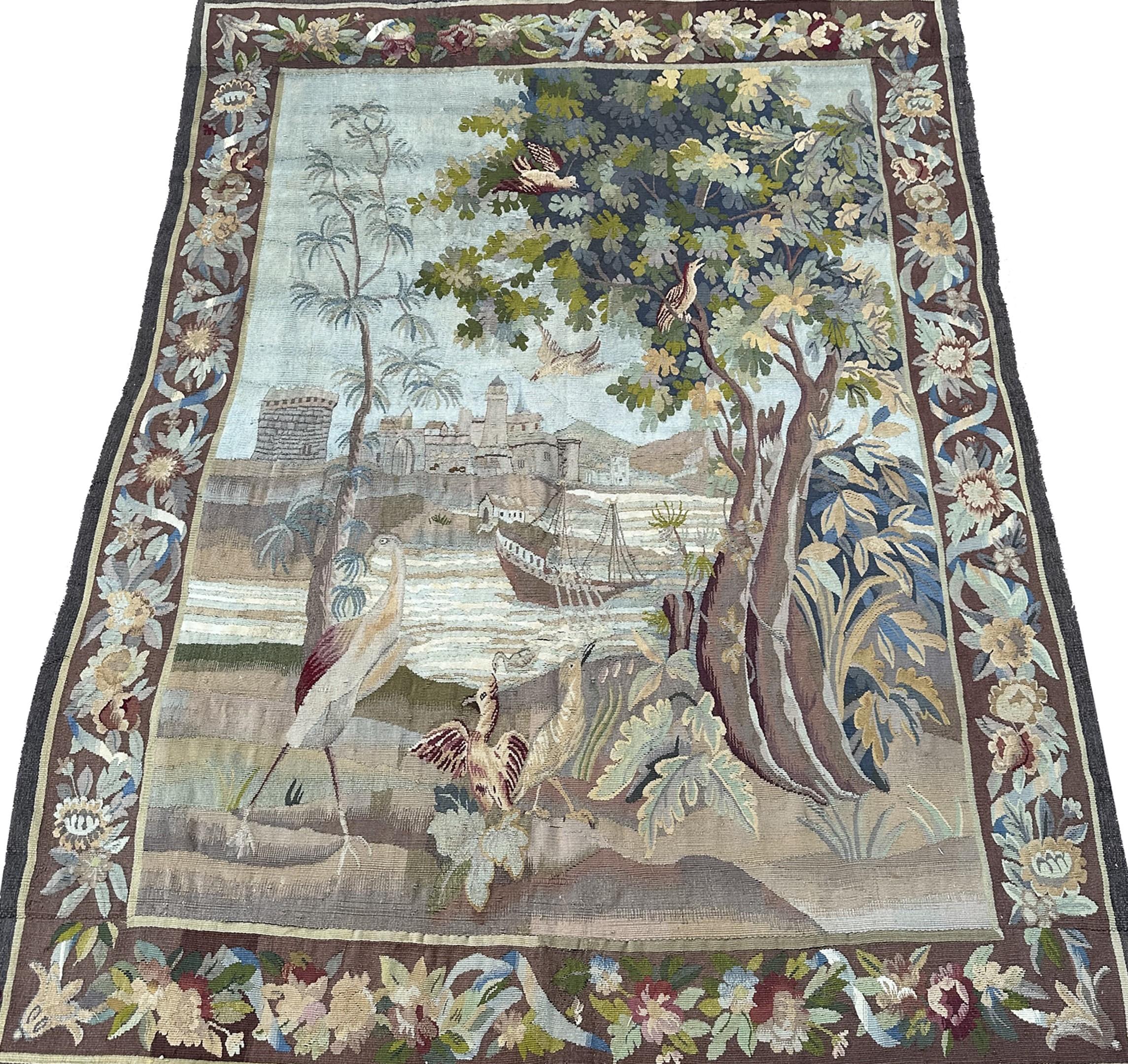 Baroque Antique French Tapestry Verdure Signed 1880 Wool & Silk 5x7 153cm x 201cm For Sale
