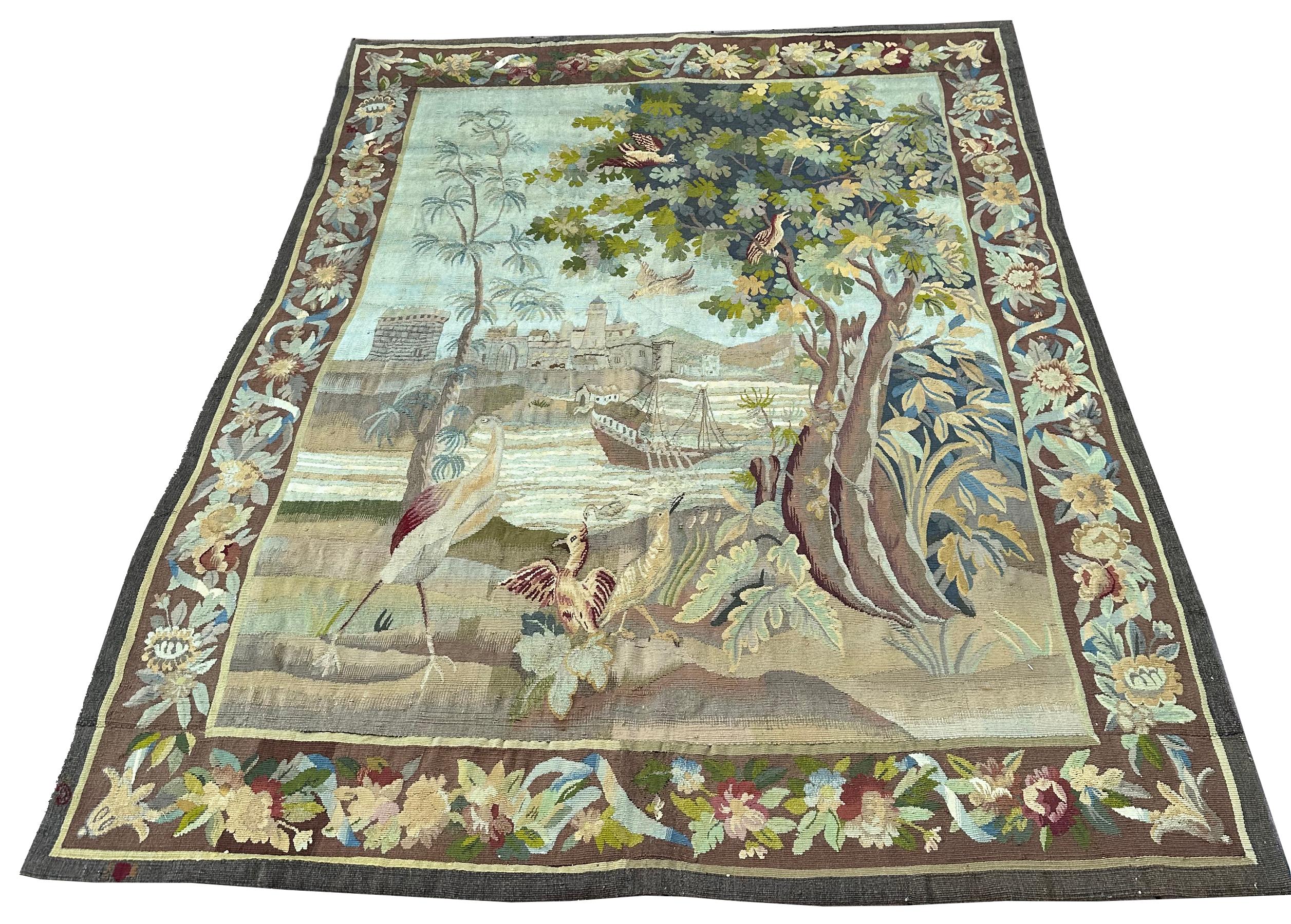 Hand-Woven Antique French Tapestry Verdure Signed 1880 Wool & Silk 5x7 153cm x 201cm For Sale