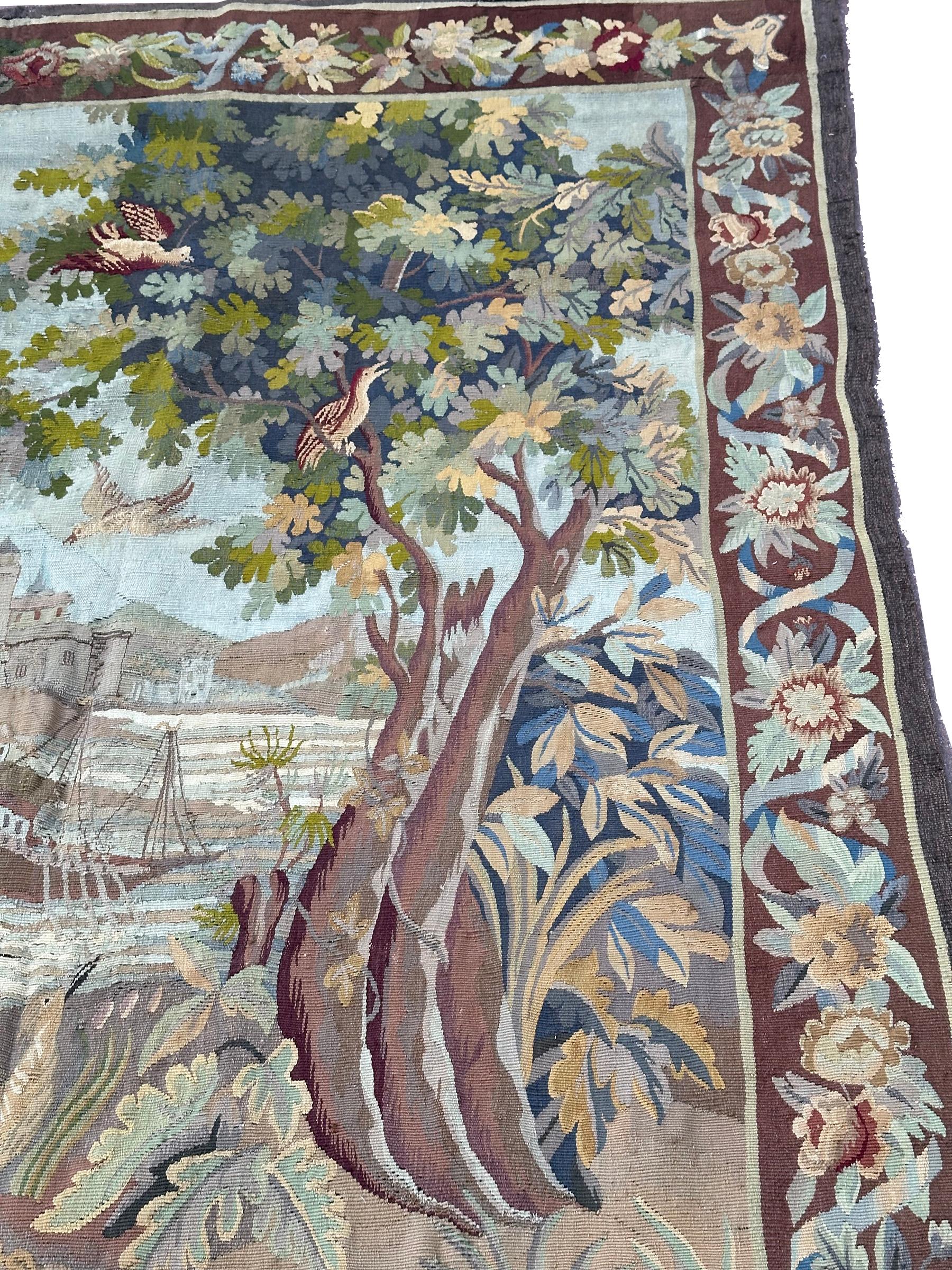 Antique French Tapestry Verdure Signed 1880 Wool & Silk 5x7 153cm x 201cm For Sale 3