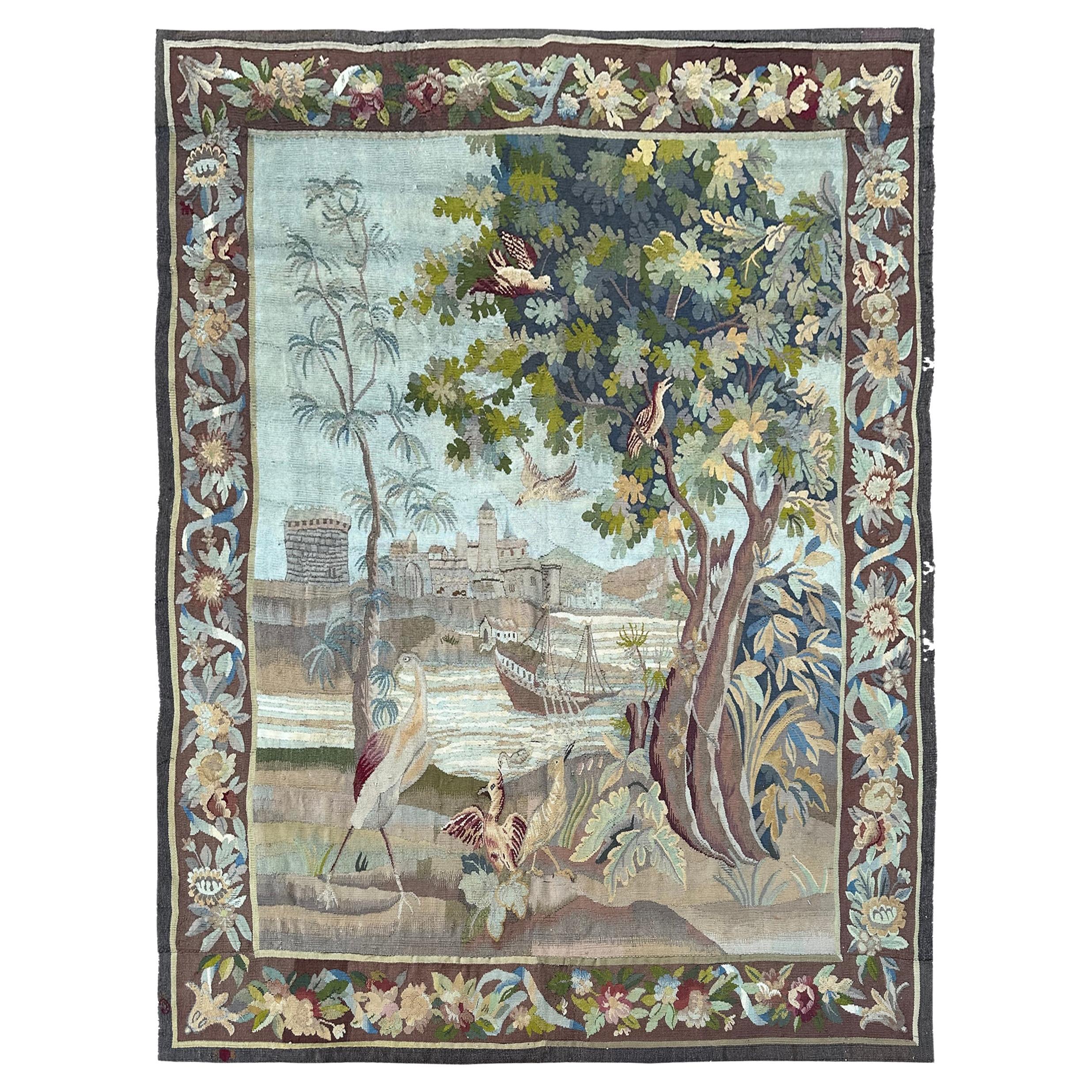 Antique French Tapestry Verdure Signed 1880 Wool & Silk 5x7 153cm x 201cm For Sale