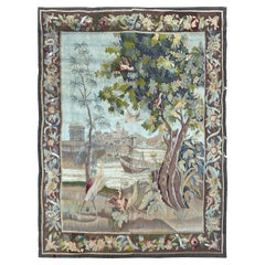 Antike französische Tapisserie Verdure signiert 1880 Wolle & Seide 5x7 153cm x 201cm