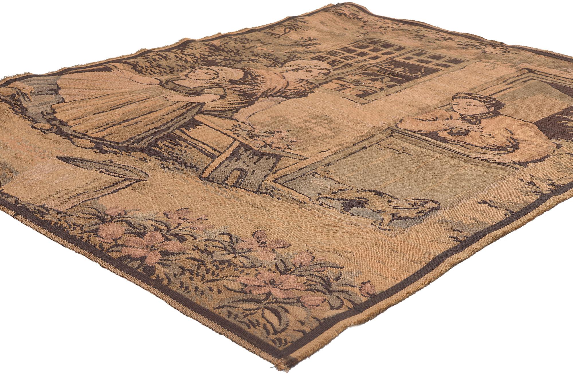 78542 Antique French Tapestry with Dutch Pictorial Scene, 03'02 x 04'03. This captivating handwoven wool antique French tapestry depicts a charming Dutch pictorial scene, evoking the warmth and familiarity of everyday life, reminiscent of the genre