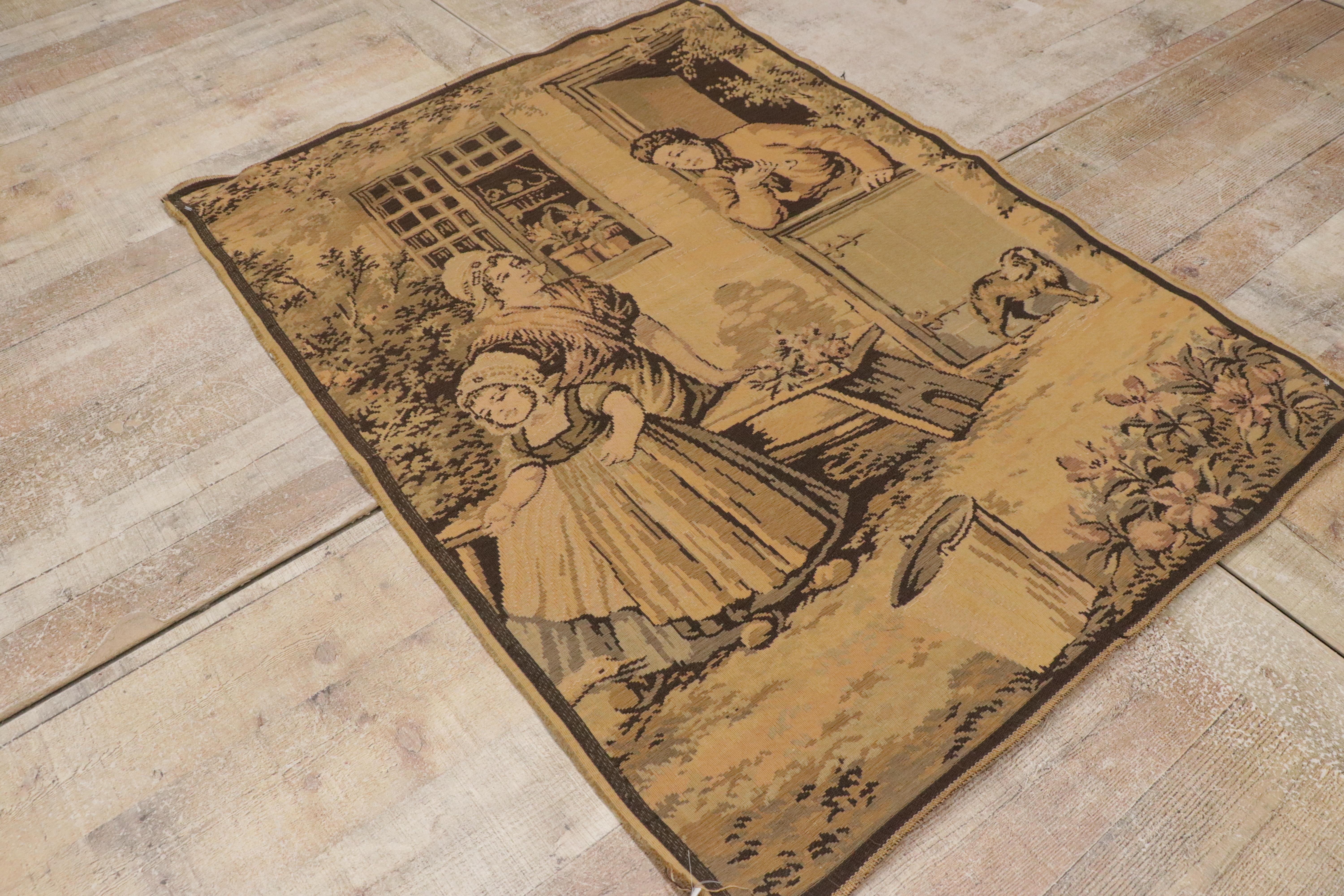 78542 Tapisserie française ancienne avec scène picturale hollandaise, 03'02 x 04'03. Cette captivante tapisserie française ancienne en laine tissée à la main représente une charmante scène picturale hollandaise, évoquant la chaleur et la familiarité