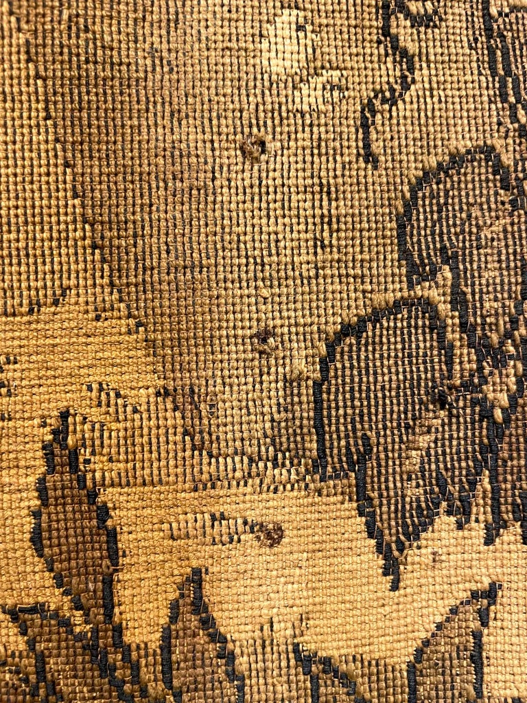 Antique French Tapestry with Gold Binding on Fluted Wood Rod Hanger at