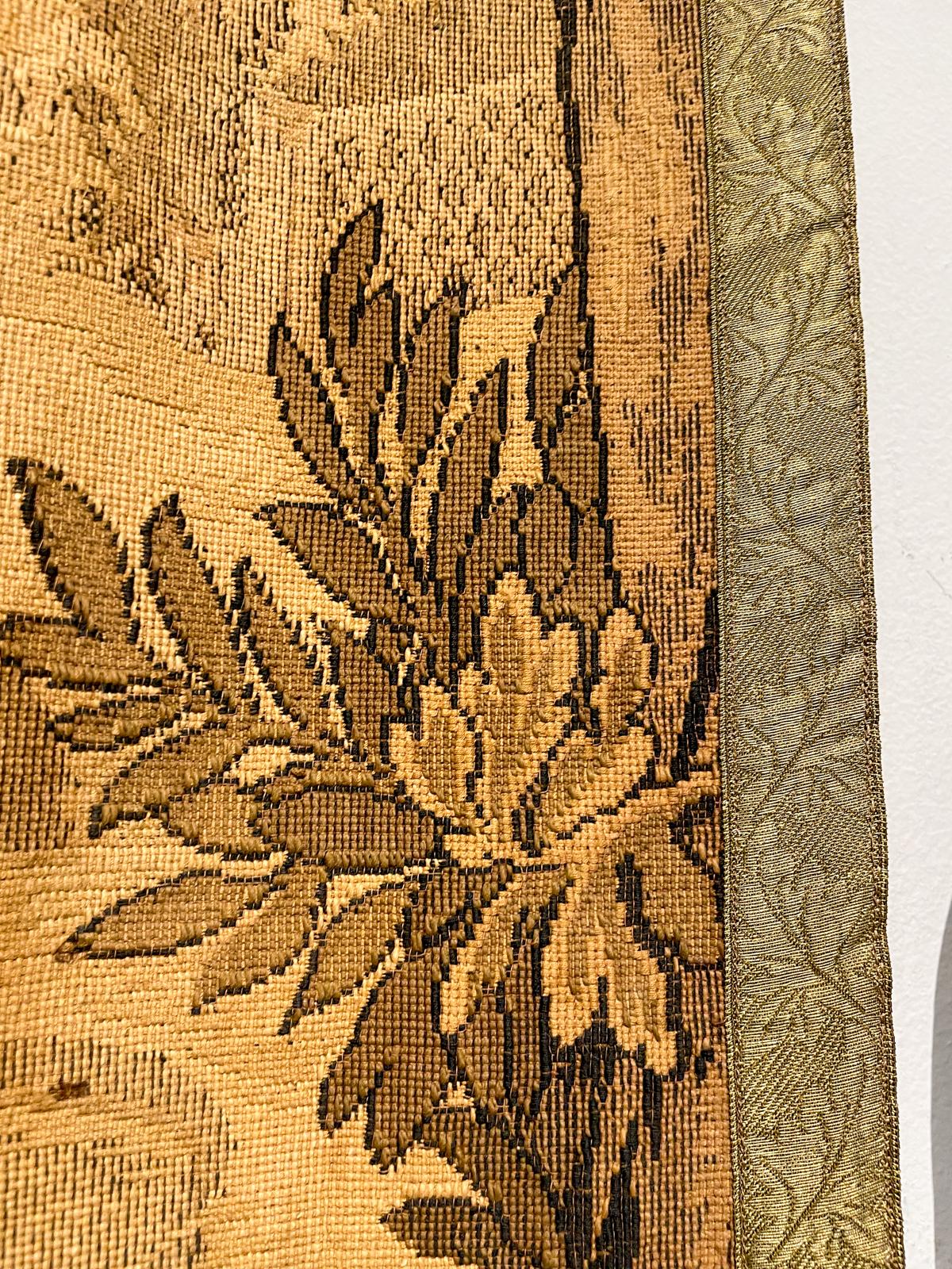 Antique French Tapestry with Gold Binding on Fluted Wood Rod Hanger 9