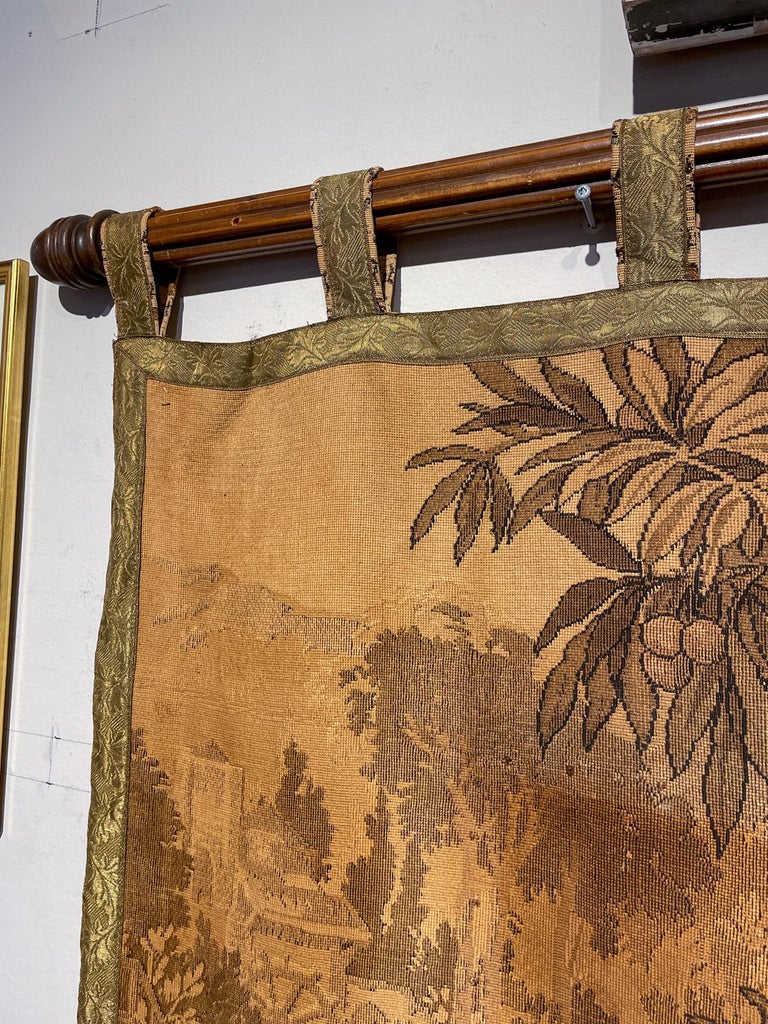 Antique French Tapestry with Gold Binding on Fluted Wood Rod Hanger at