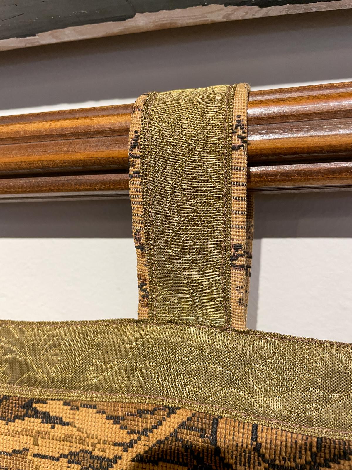 Antique French Tapestry with Gold Binding on Fluted Wood Rod Hanger 13