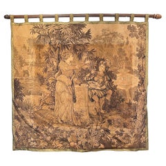 Antique French Tapestry with Gold Binding on Fluted Wood Rod Hanger