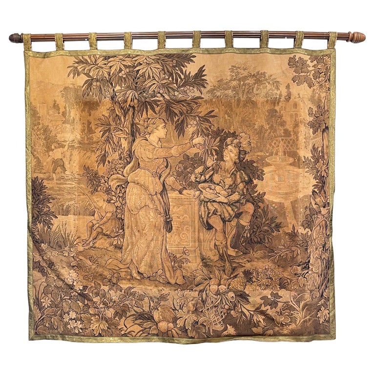 Antique French Tapestry with Gold Binding on Fluted Wood Rod Hanger at