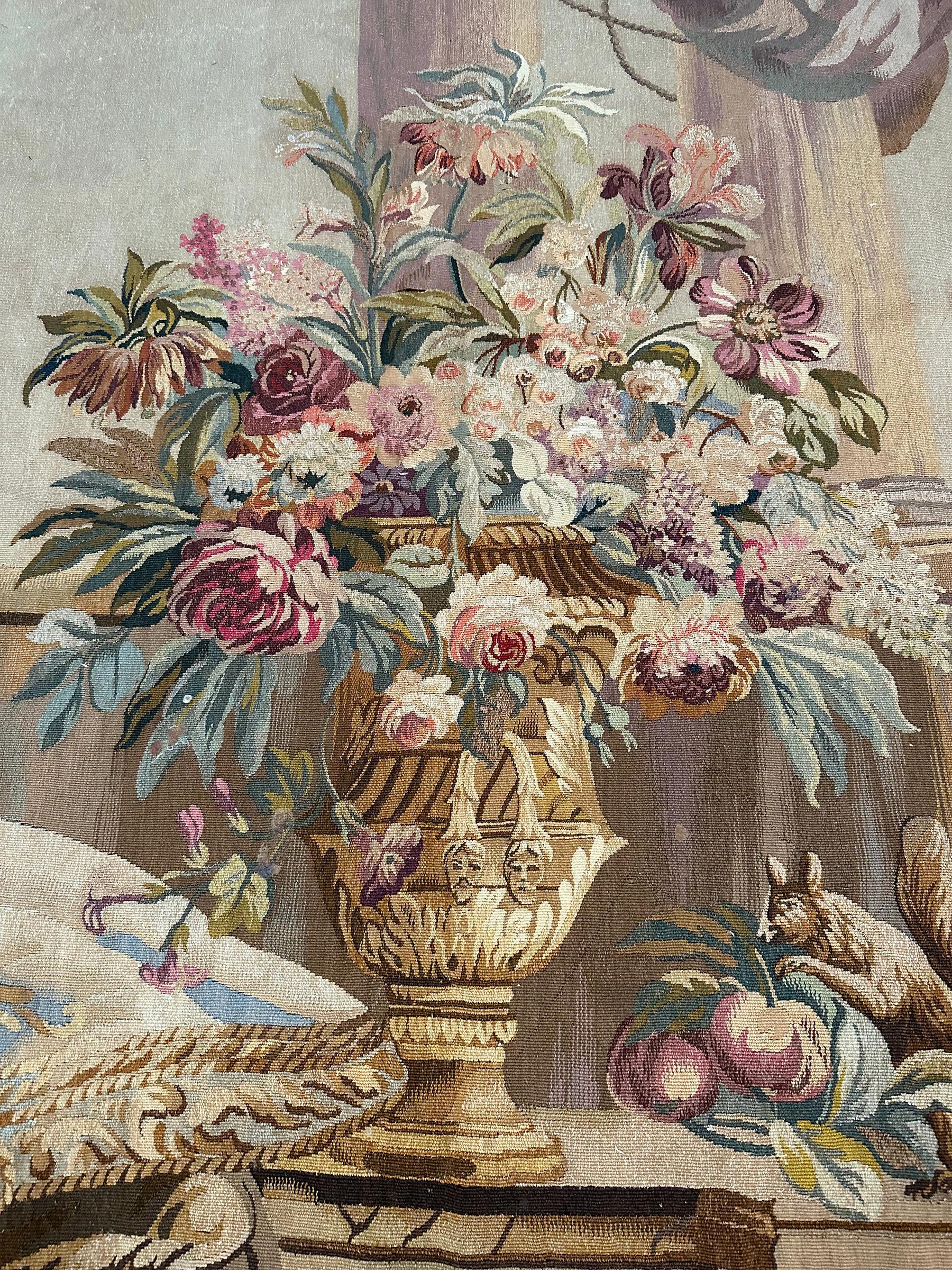 Antique French Tapestry Wool & Silk Masquerade Vase Exotic Flowers 4x5 1920 4' x 4'8