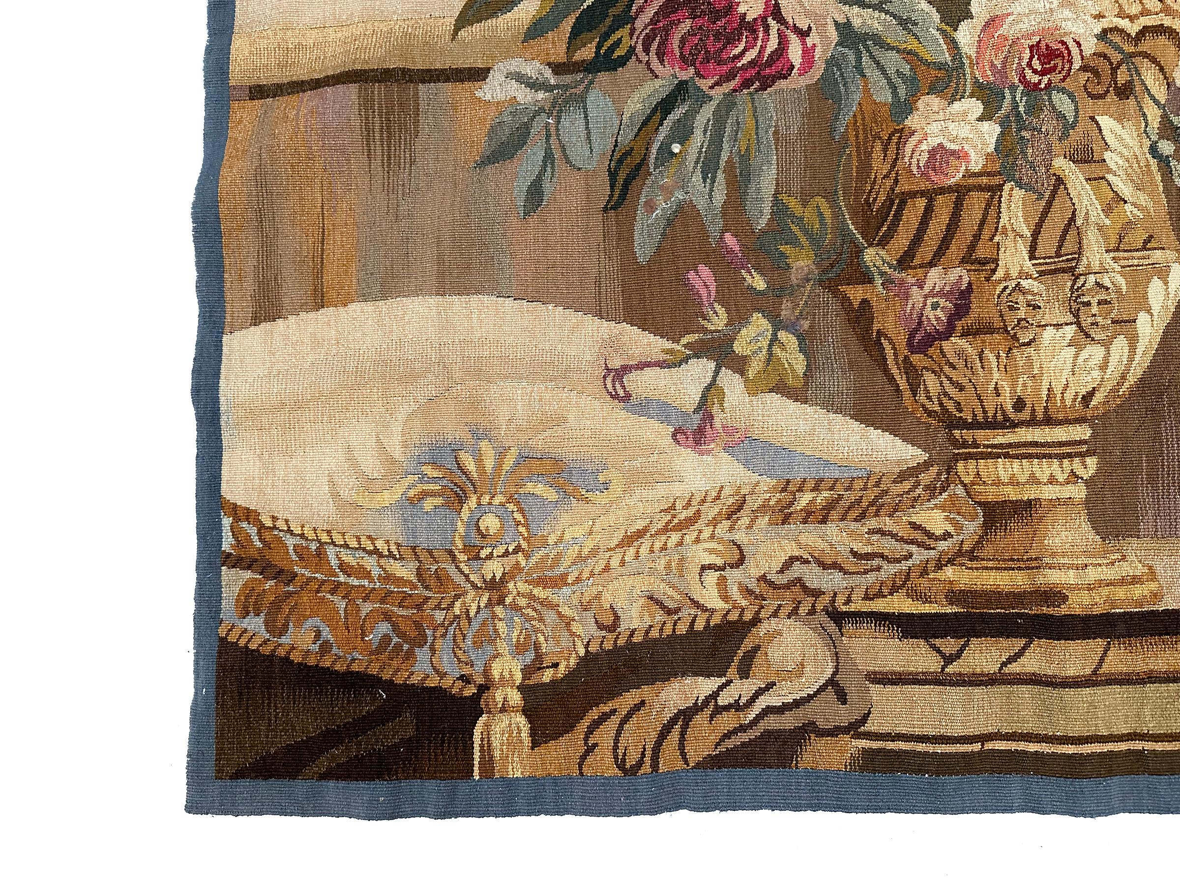 Baroque Antique French Tapestry Wool & Silk Masque Vase Exotic Flowers 4x5 122x 142cm For Sale