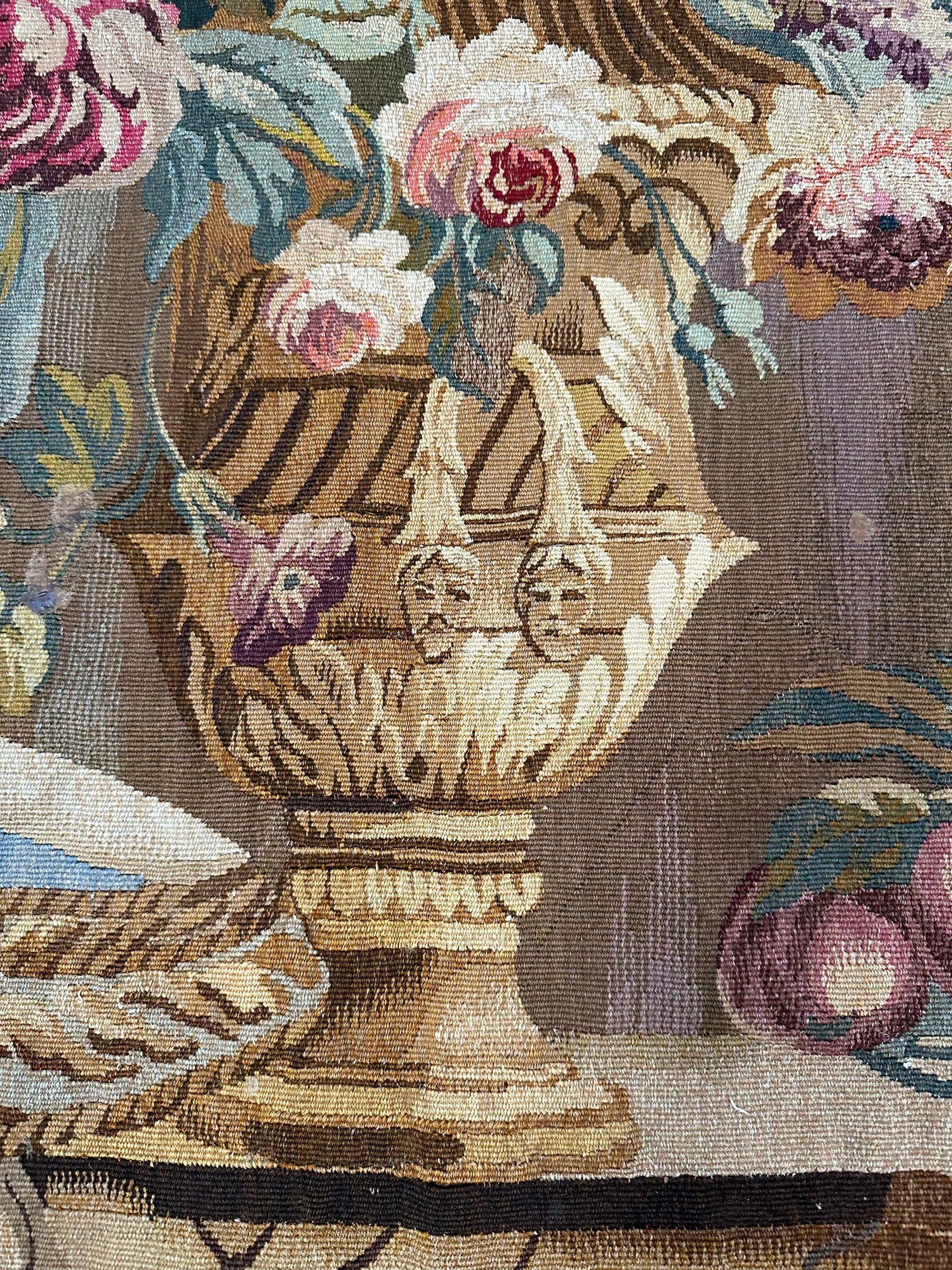 Hand-Woven Antique French Tapestry Wool & Silk Masque Vase Exotic Flowers 4x5 122x 142cm For Sale