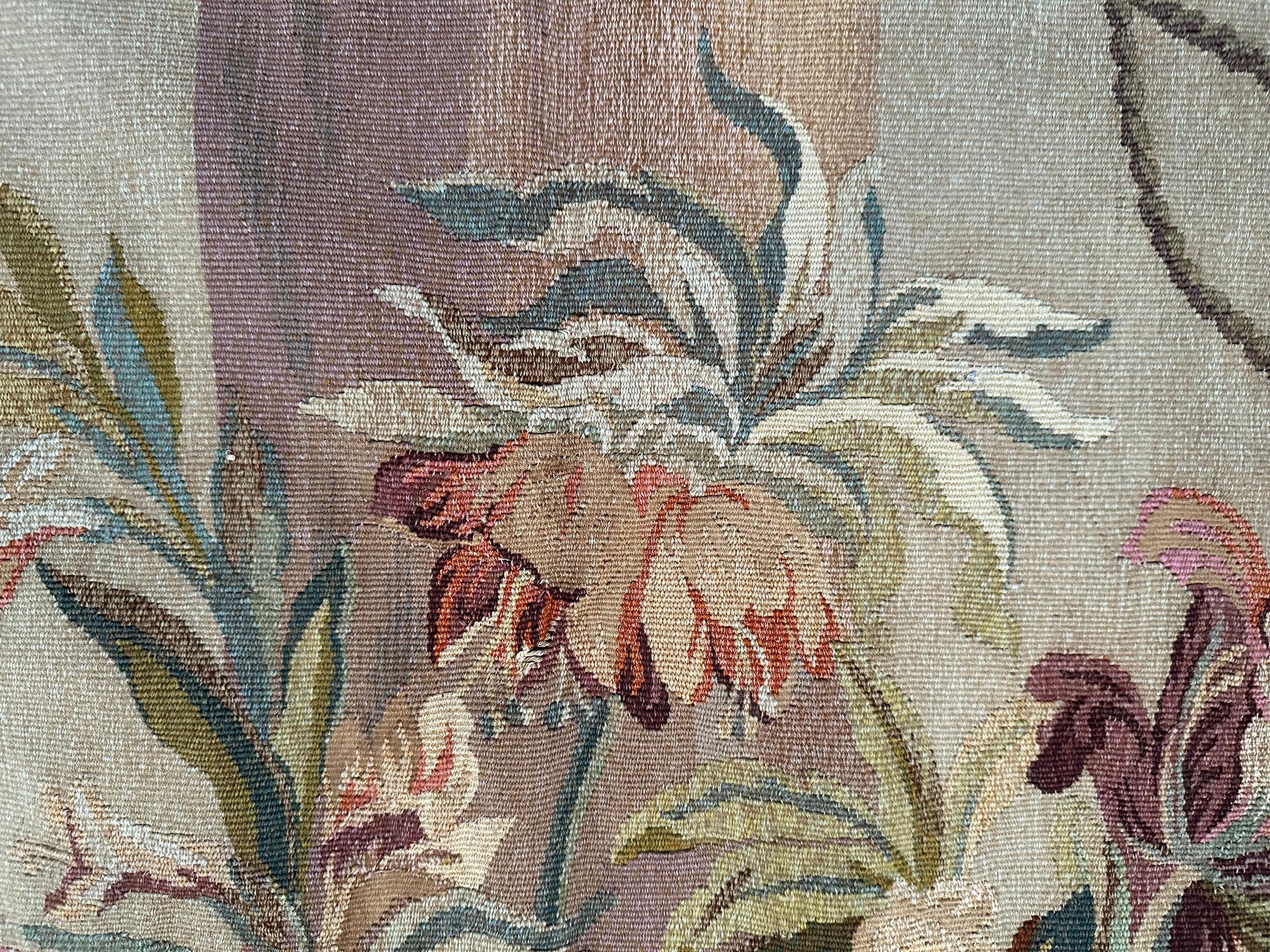 Antique French Tapestry Wool & Silk Masque Vase Exotic Flowers 4x5 122x 142cm In Good Condition For Sale In New York, NY