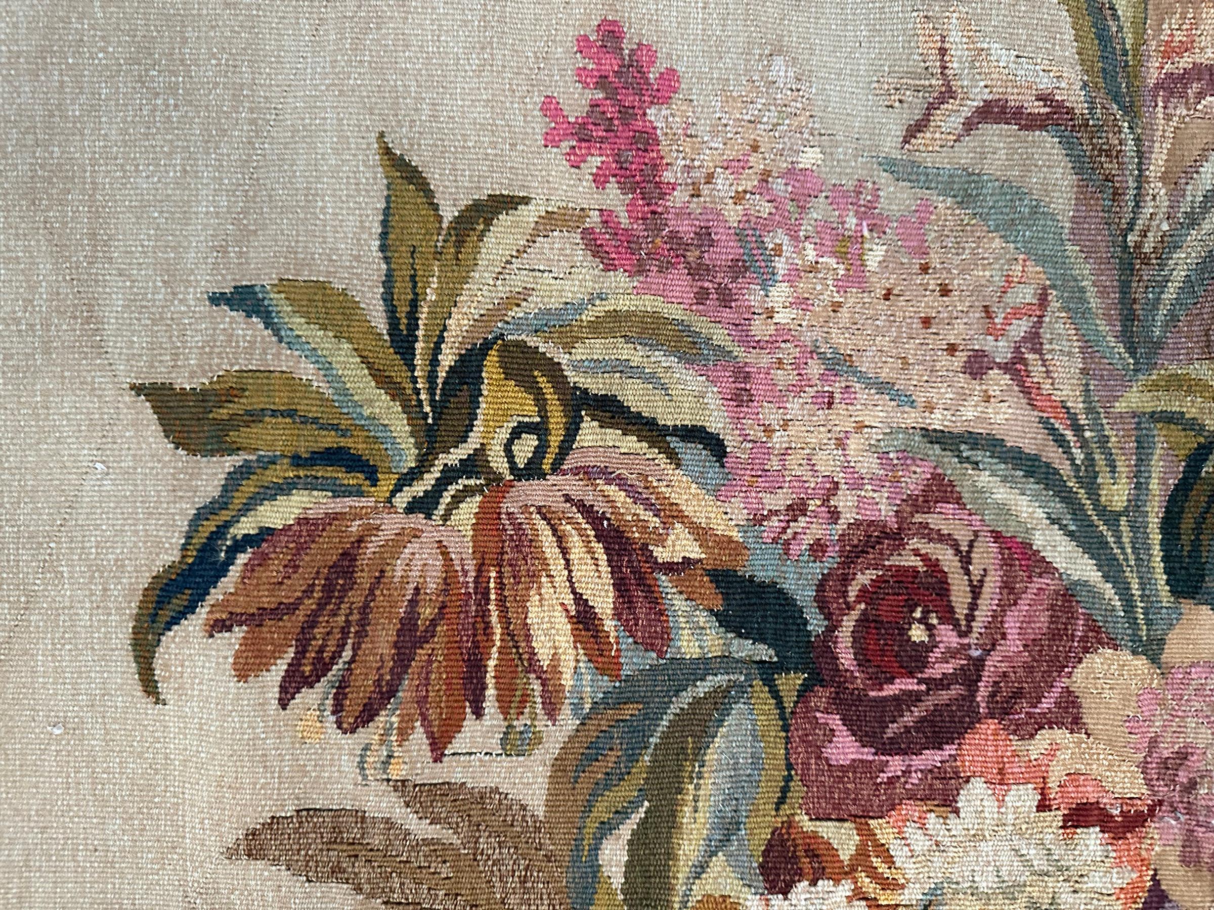 Early 20th Century Antique French Tapestry Wool & Silk Masque Vase Exotic Flowers 4x5 122x 142cm For Sale