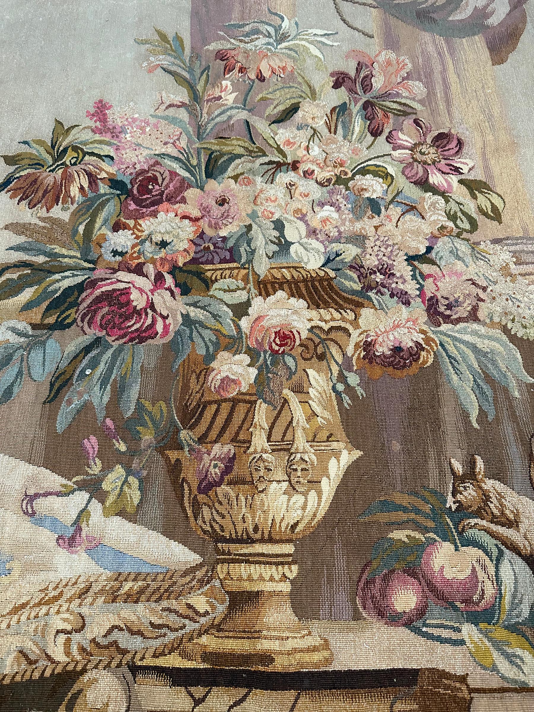 Antique French Tapestry Wool & Silk Masque Vase Exotic Flowers 4x5 122x 142cm For Sale 1