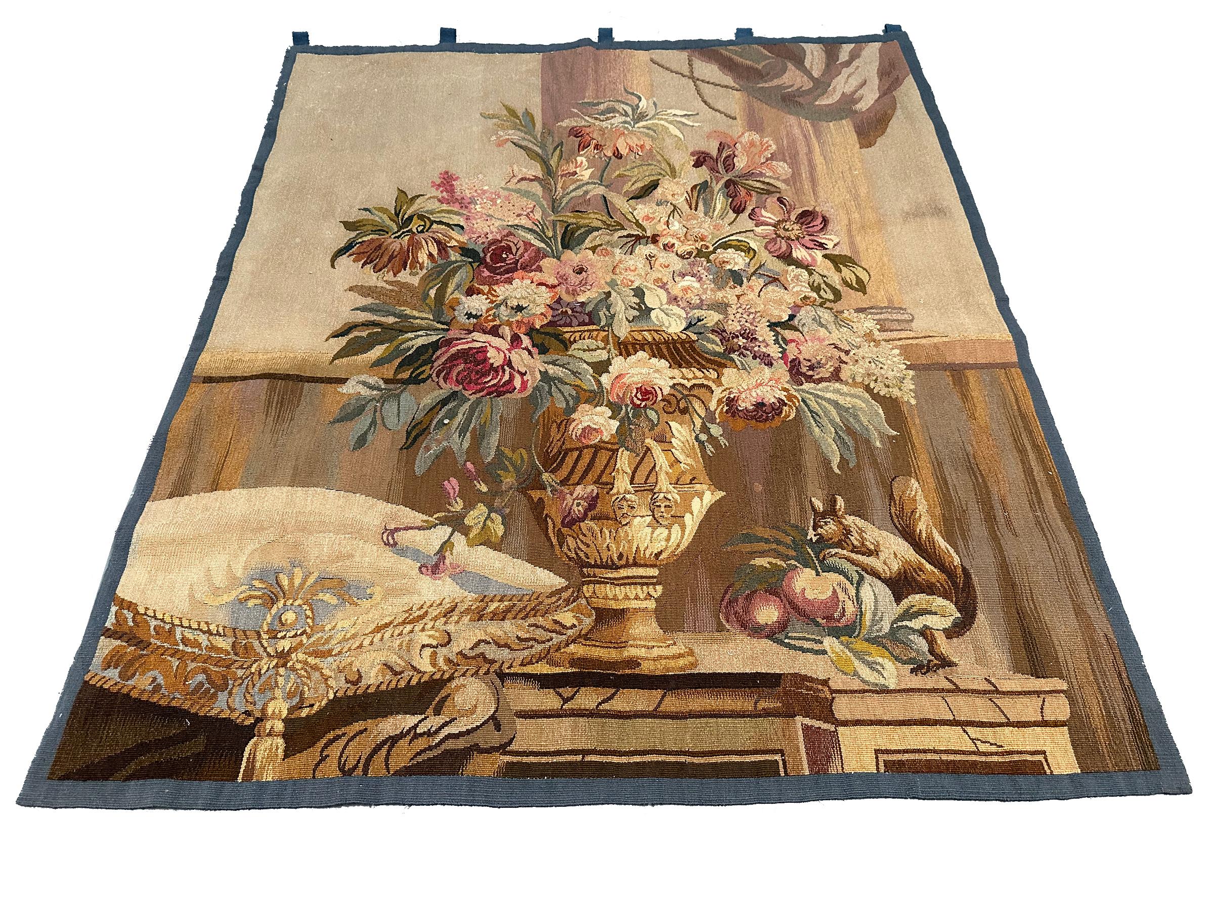 Antique French Tapestry Wool & Silk Masque Vase Exotic Flowers 4x5 122x 142cm For Sale 2