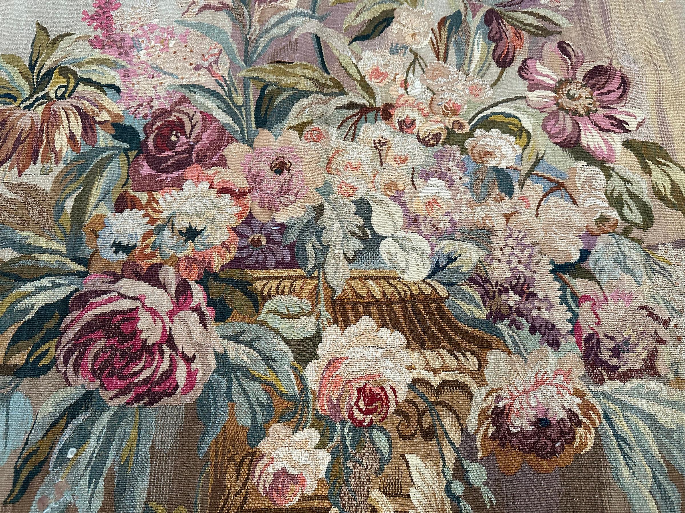 Antique French Tapestry Wool & Silk Masque Vase Exotic Flowers 4x5 122x 142cm For Sale 3