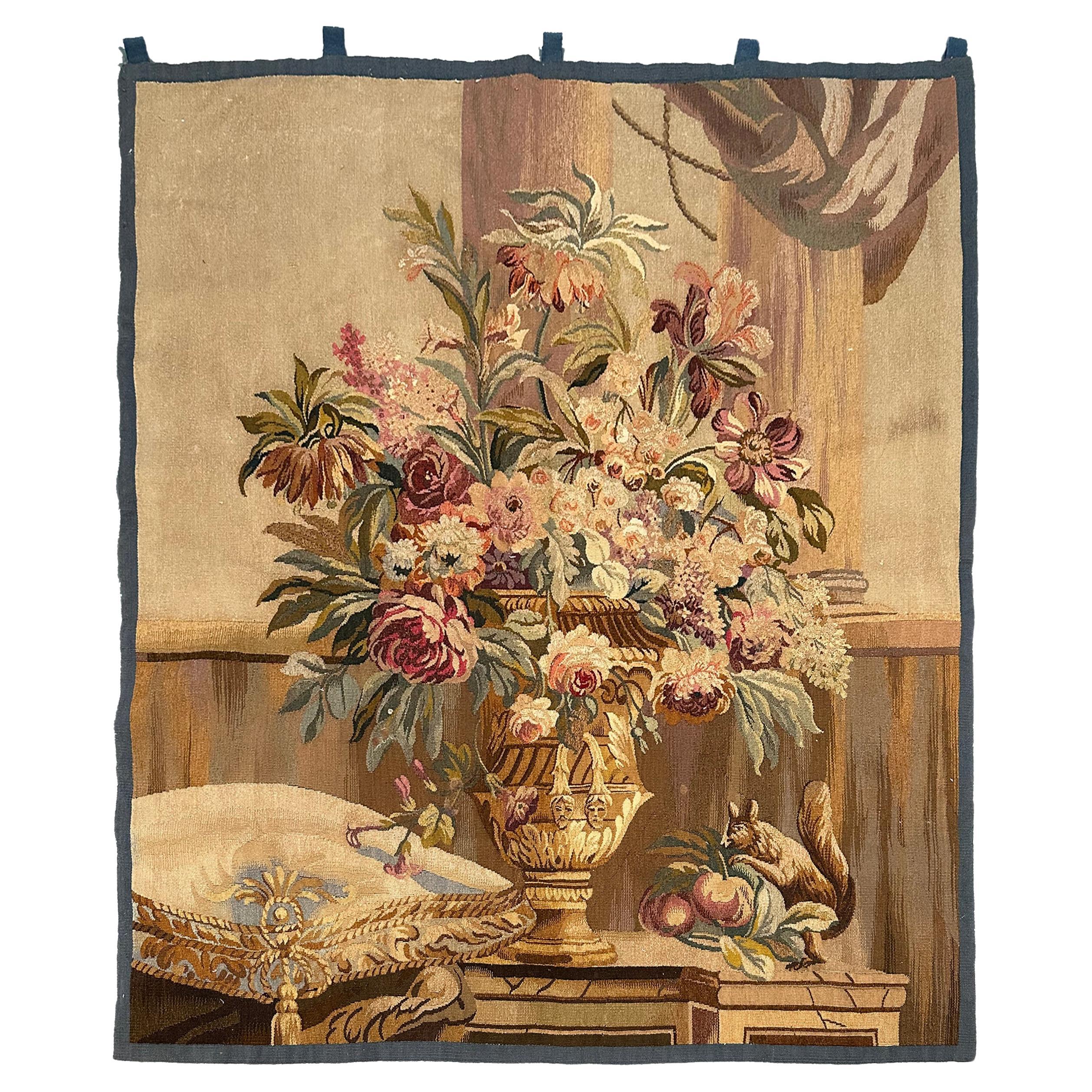 Antique French Tapestry Wool & Silk Masque Vase Exotic Flowers 4x5 122x 142cm For Sale