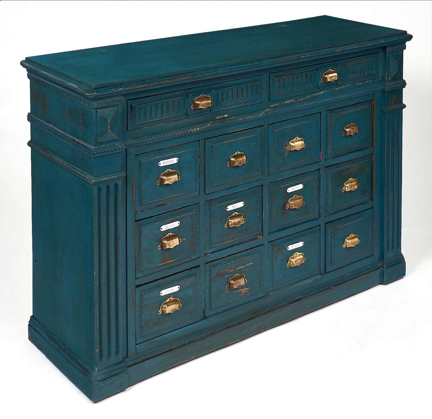 Antique French Teal Apothecary Cabinet In Good Condition In Austin, TX