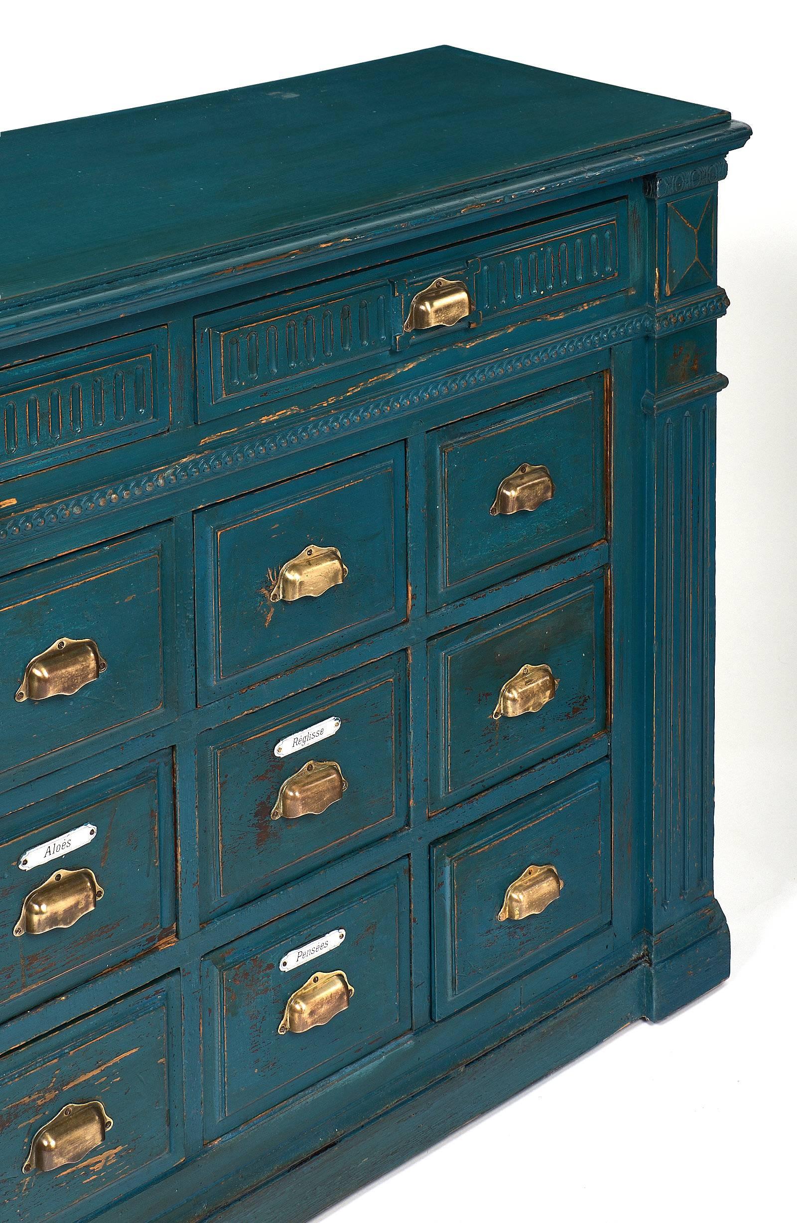 Brass Antique French Teal Apothecary Cabinet