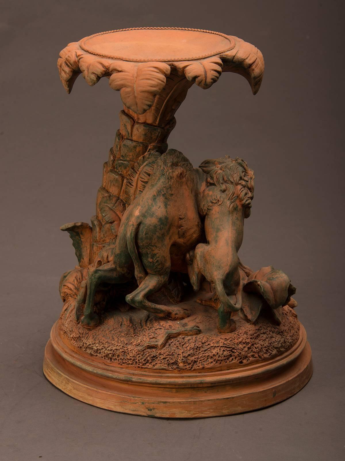 Antique French Terra Cotta Lion and Camel Sculpture France, circa 1900 In Excellent Condition For Sale In Houston, TX