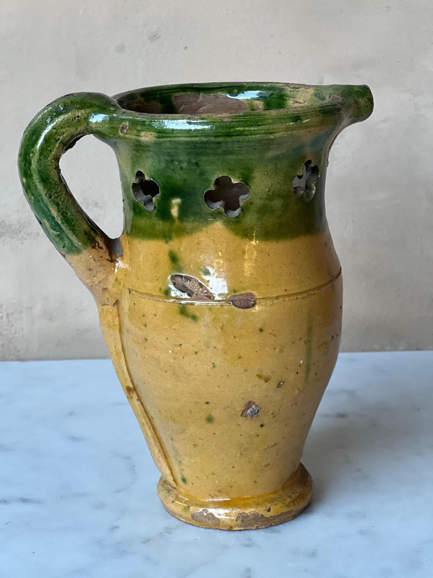 Hand-Painted Antique French Terra Cotta Pitcher / Vase For Sale