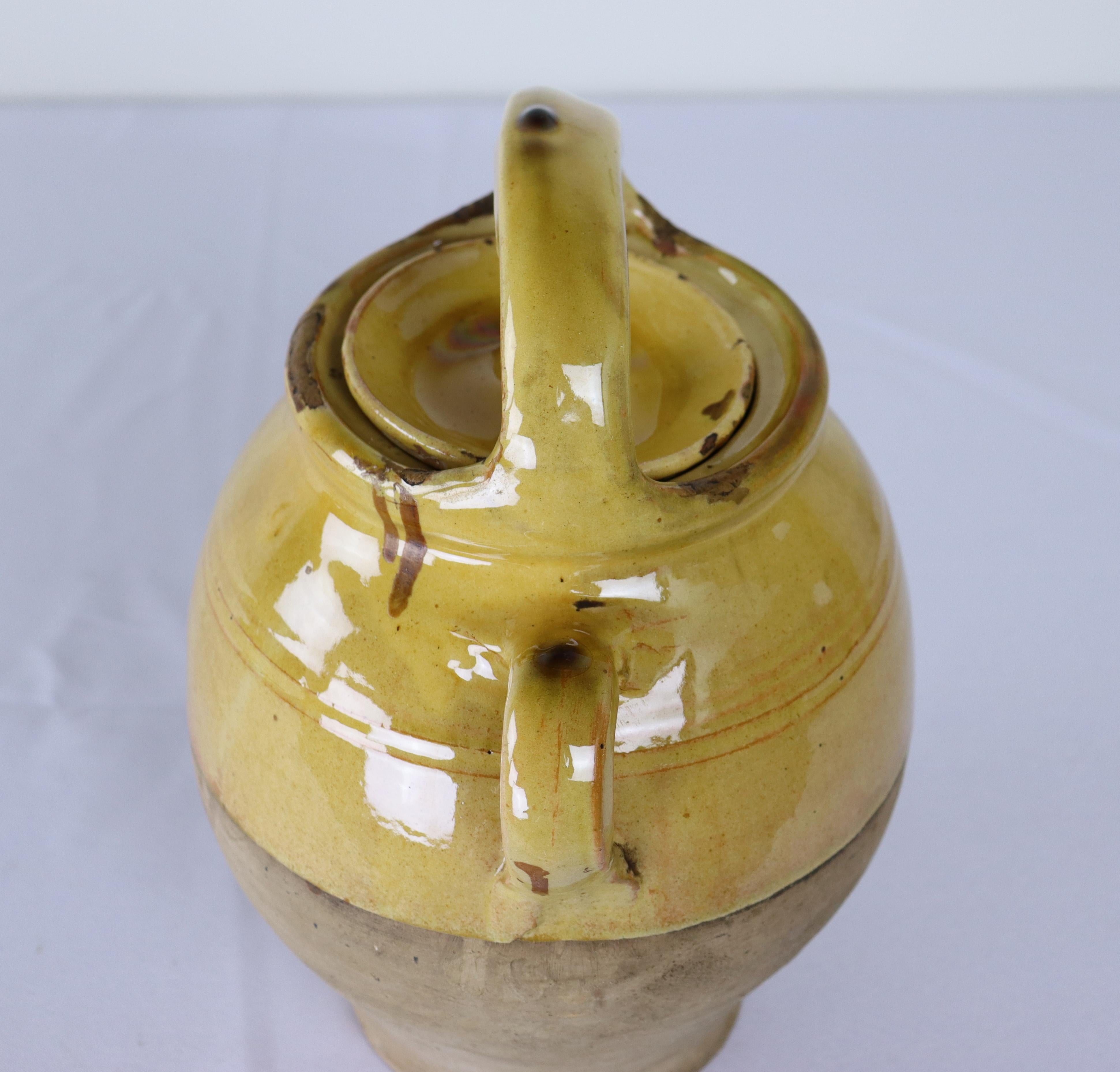 Antique French Terra Cotta Yellow Glazed Jug or Water Cruche For Sale 1