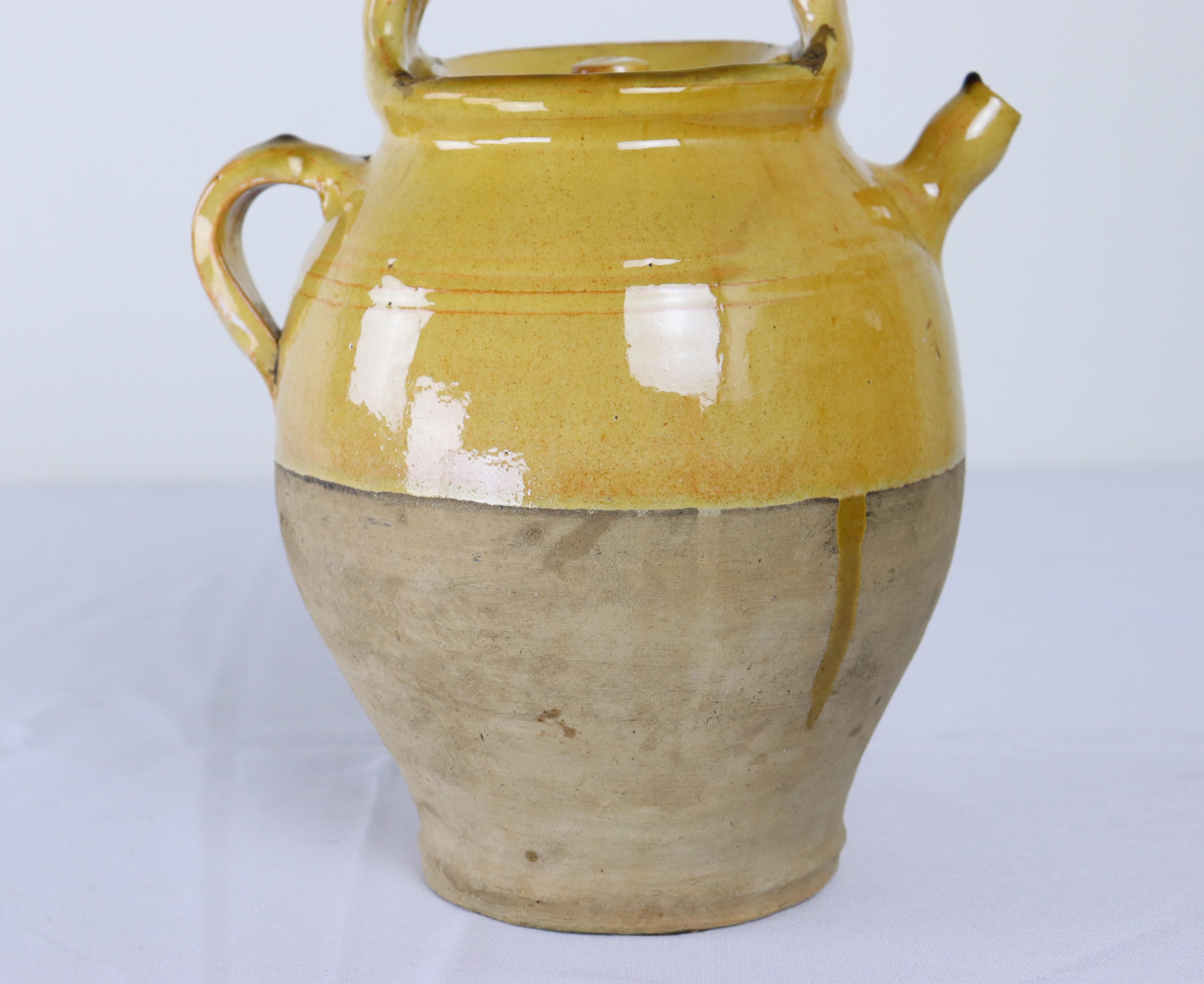 Antique French Terra Cotta Yellow Glazed Jug or Water Cruche For Sale 3
