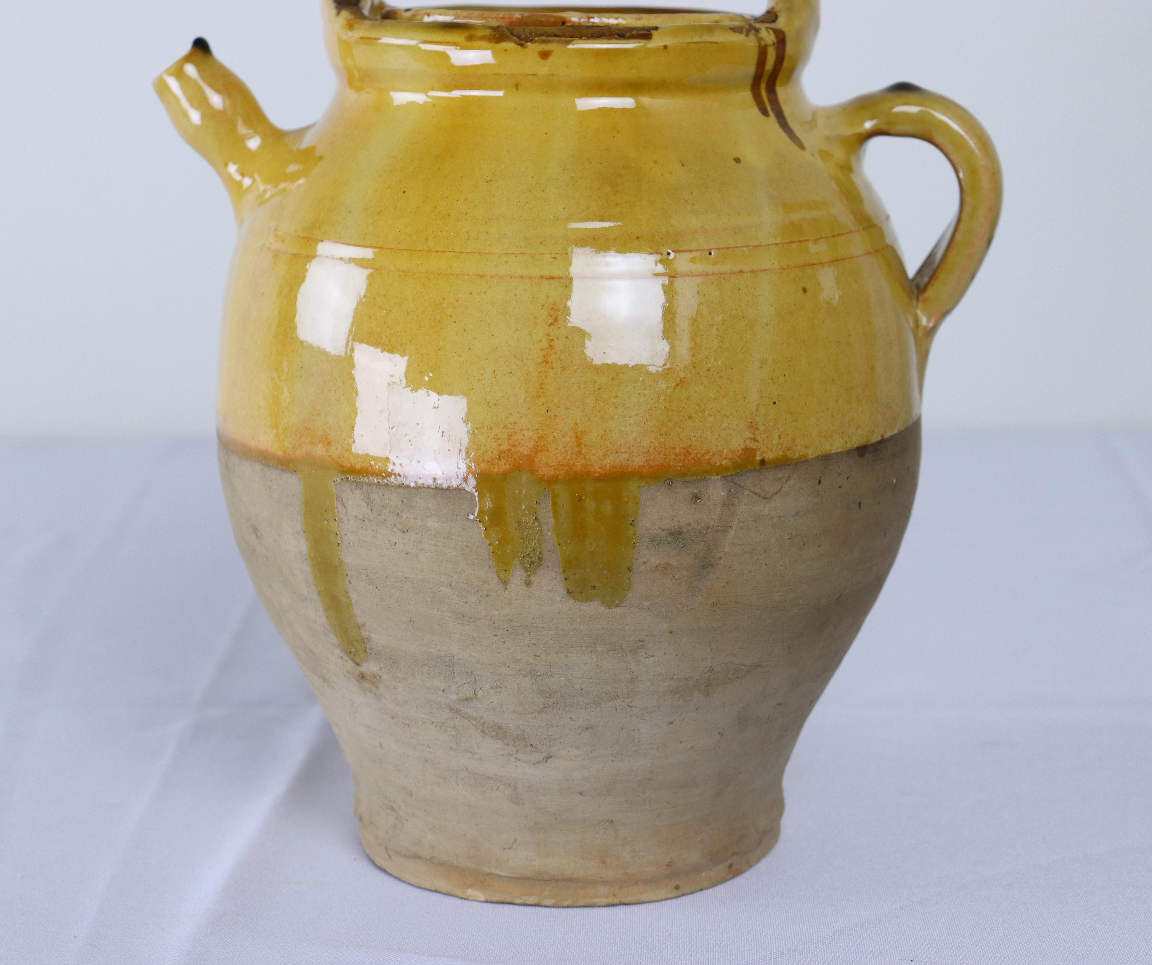 Antique French Terra Cotta Yellow Glazed Jug or Water Cruche For Sale 4