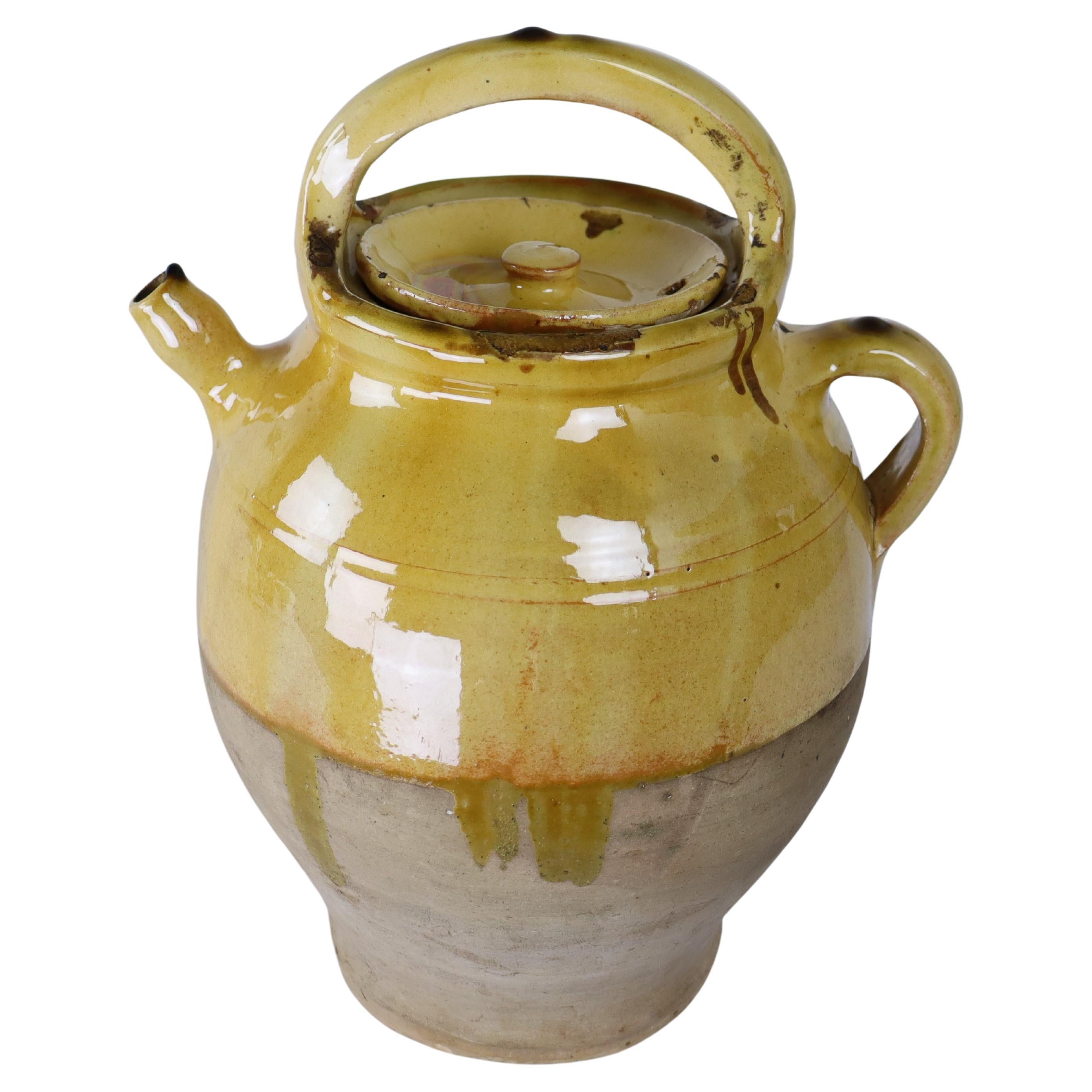 Antique French Terra Cotta Yellow Glazed Jug or Water Cruche For Sale